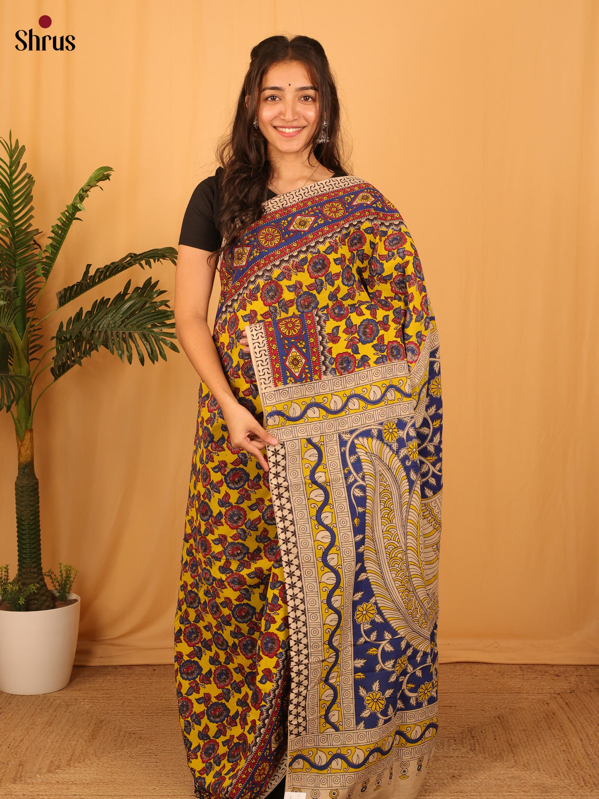 Yellow & Blue - kalamkari-cotton Saree - Shop on Shrus.com