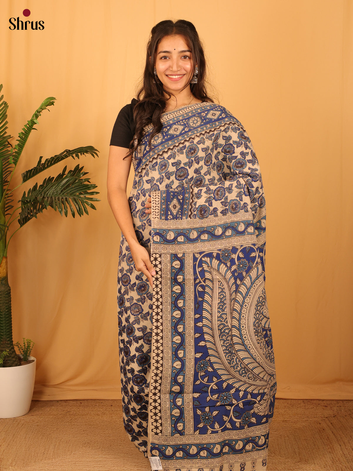 Beige & Blue - kalamkari-cotton Saree - Shop on Shrus.com