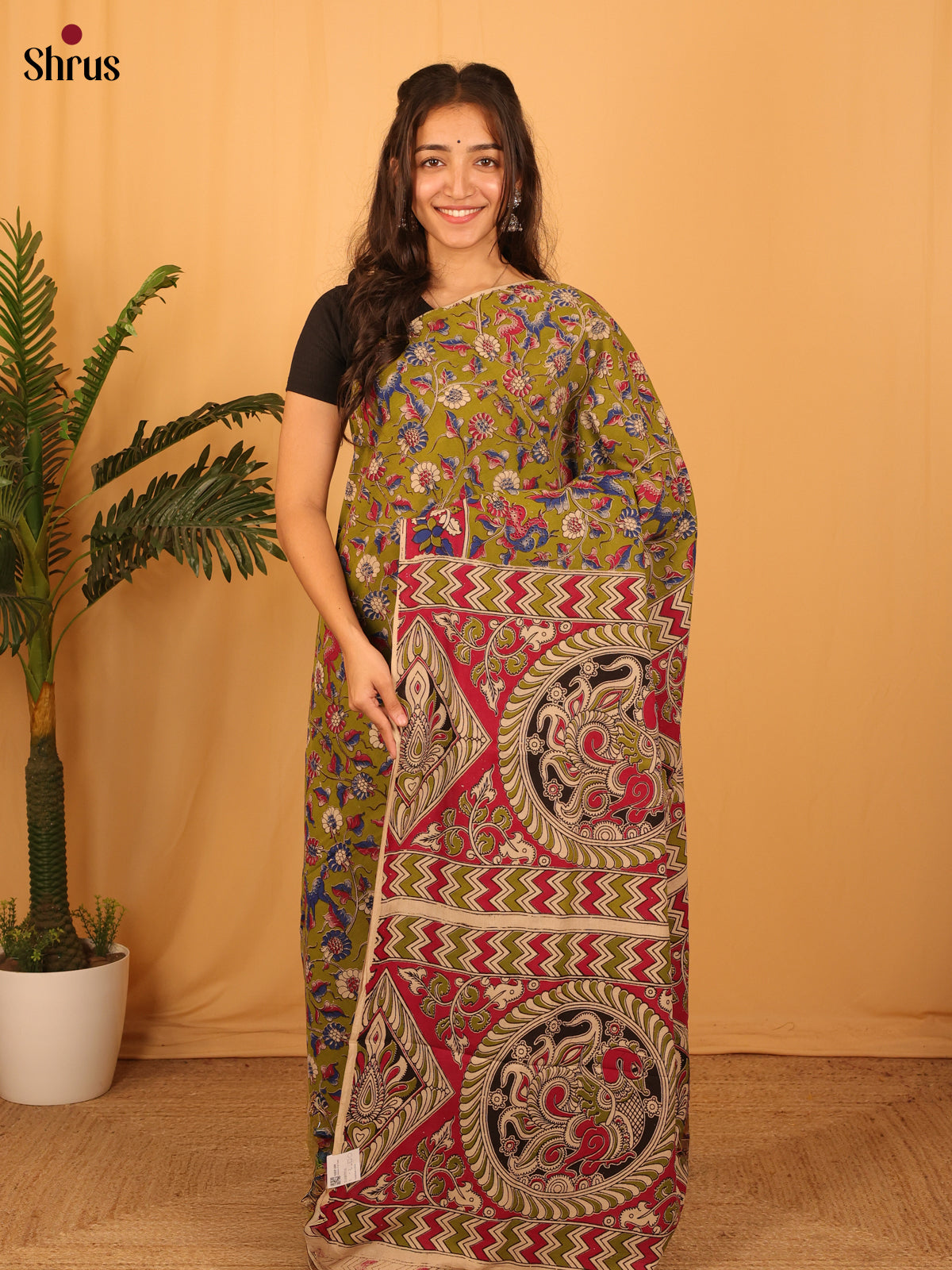 Green & Red - kalamkari-cotton Saree - Shop on Shrus.com