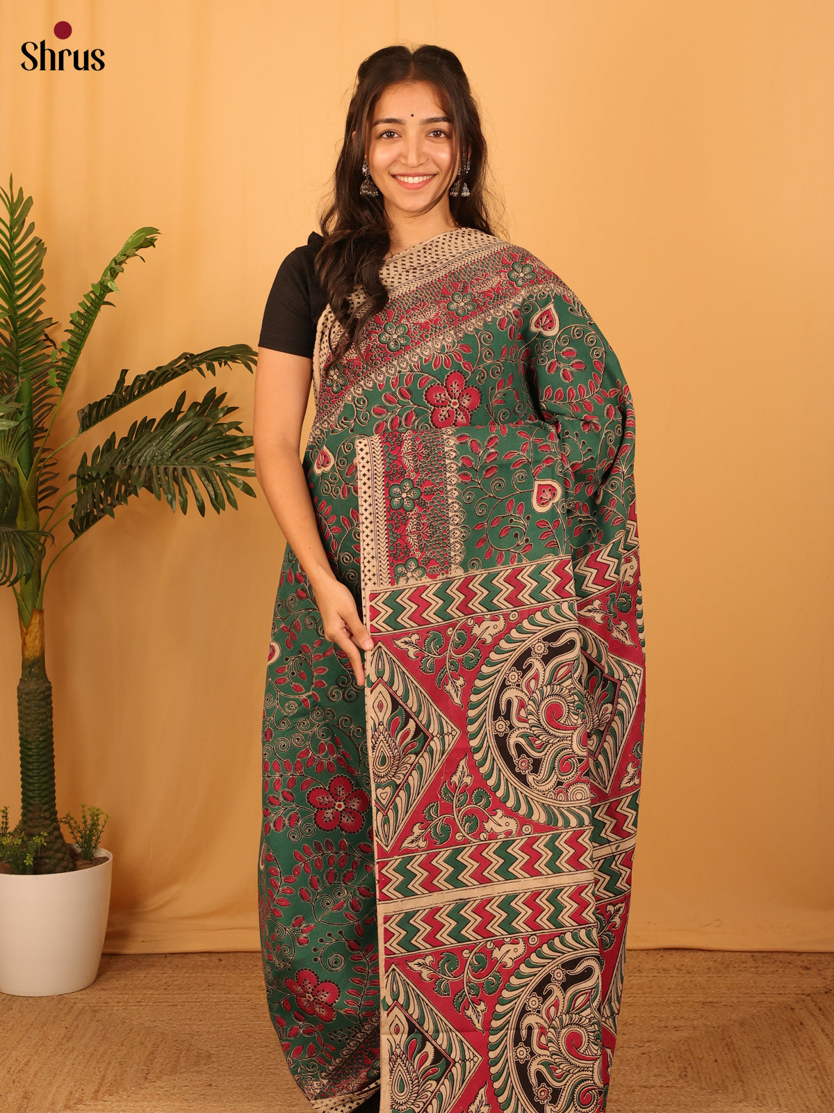 Green & Red - kalamkari-cotton Saree - Shop on Shrus.com