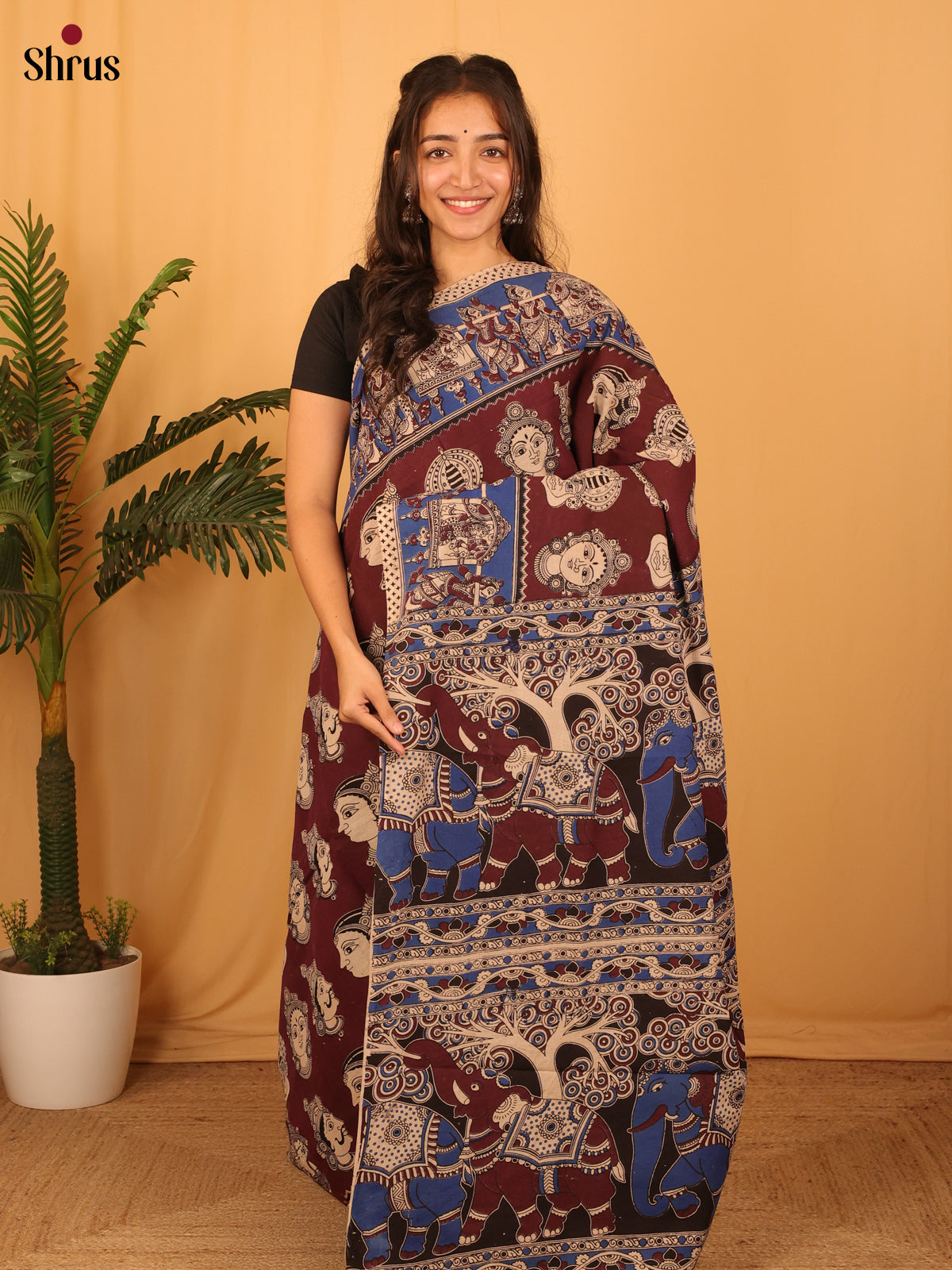 Brown & Blue- kalamkari-cotton Saree - Shop on Shrus.com
