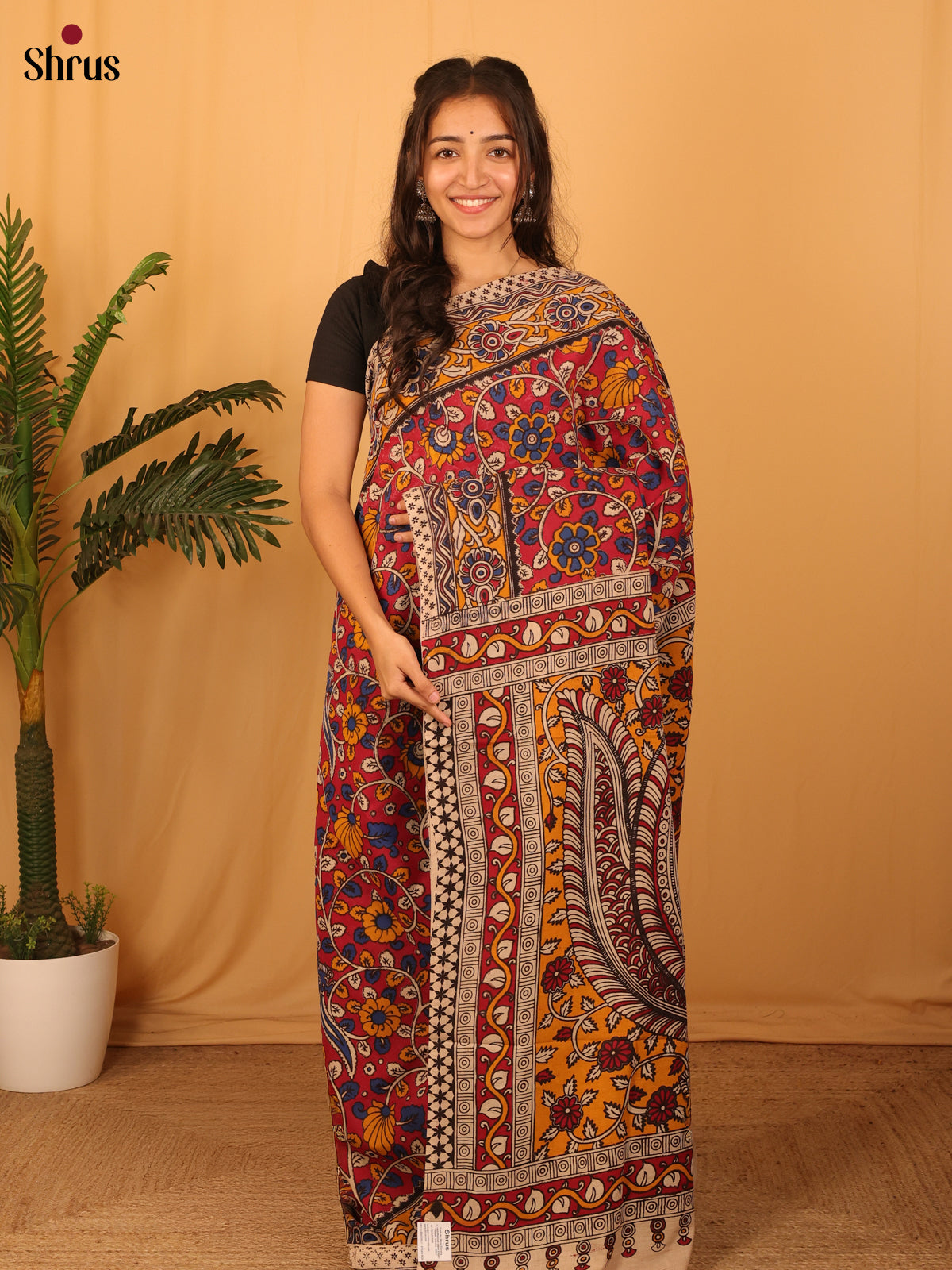 Reddish Pink & Mustard- kalamkari-cotton Saree - Shop on Shrus.com