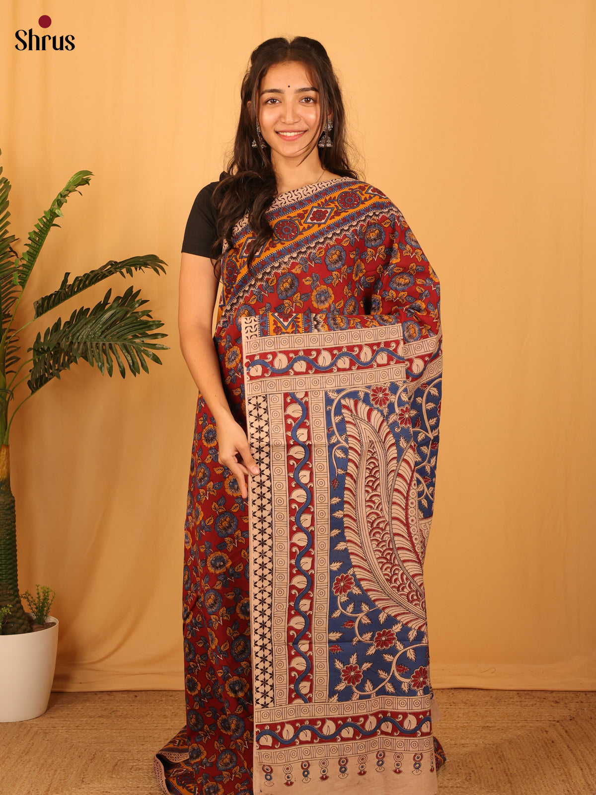 Maroon & Blue - kalamkari-cotton Saree - Shop on Shrus.com