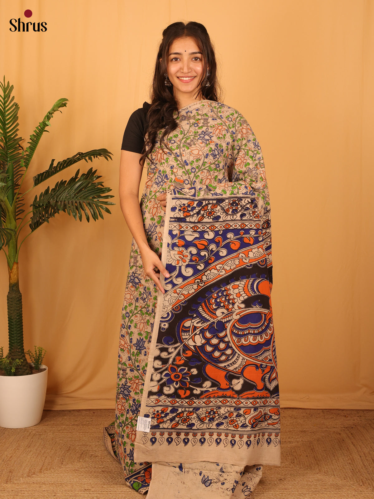 beige & Violet - kalamkari-cotton Saree - Shop on Shrus.com