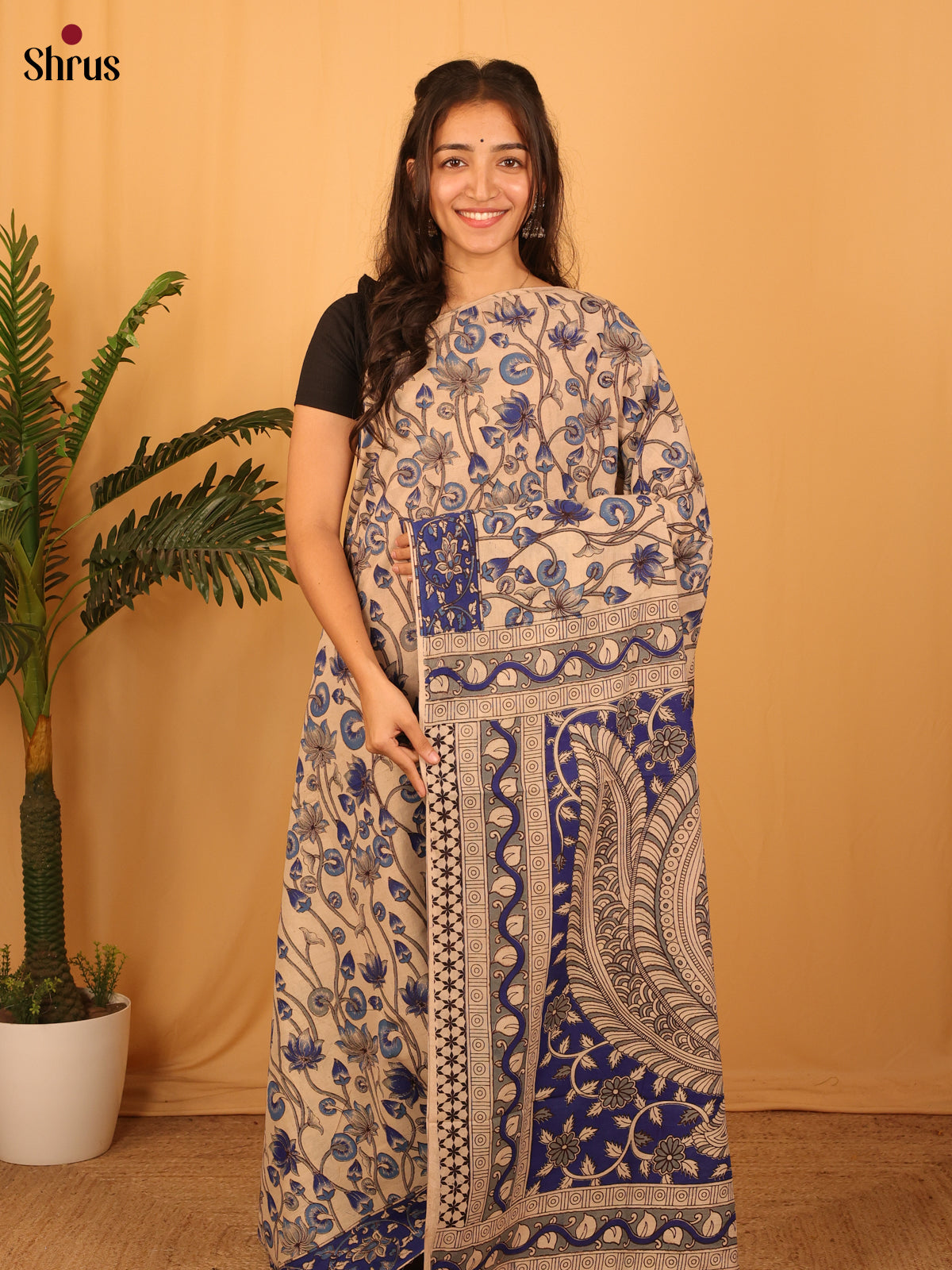 beige & Blue - kalamkari-cotton Saree - Shop on Shrus.com