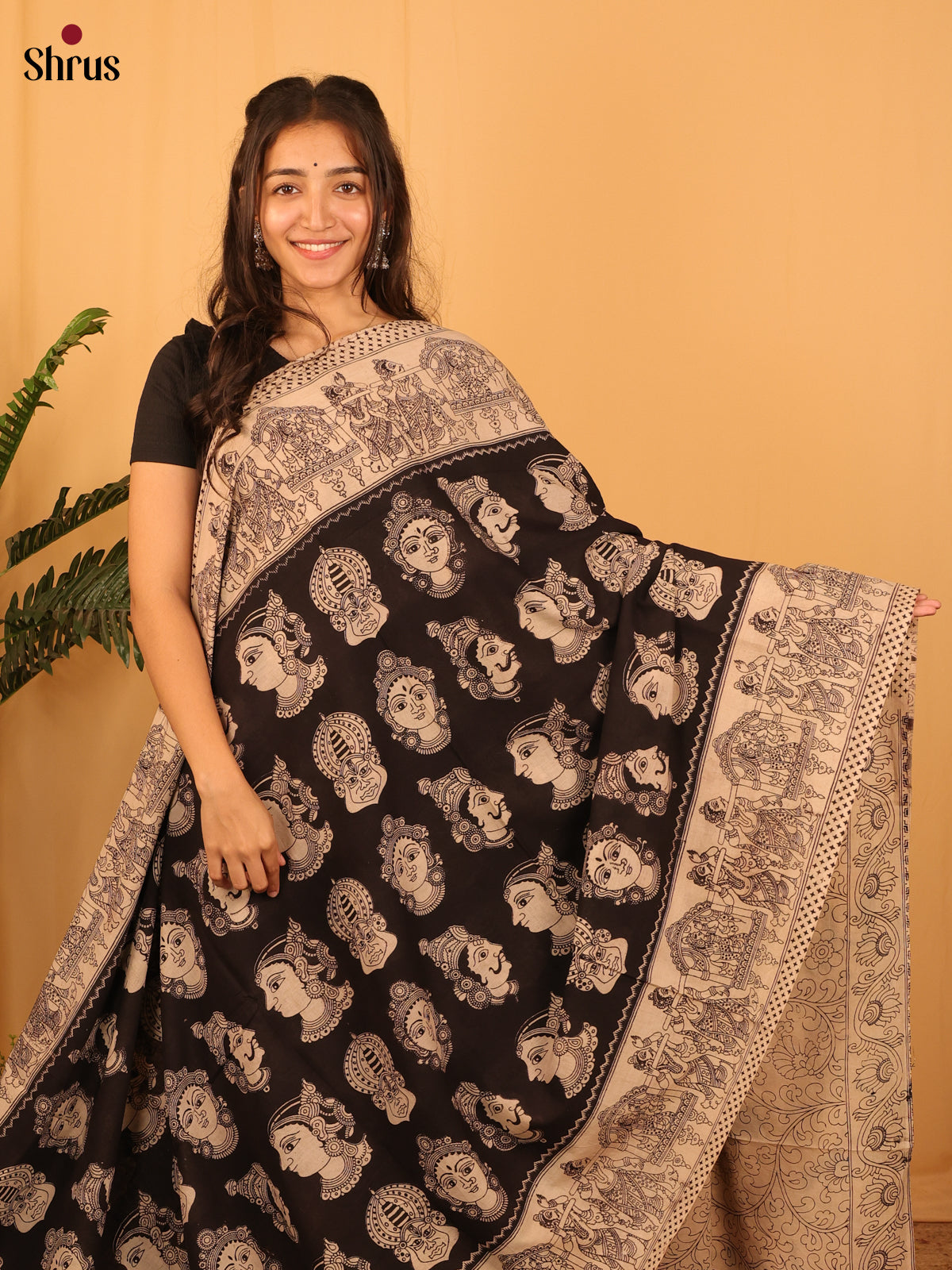 Black & Beige - kalamkari-cotton Saree - Shop on Shrus.com