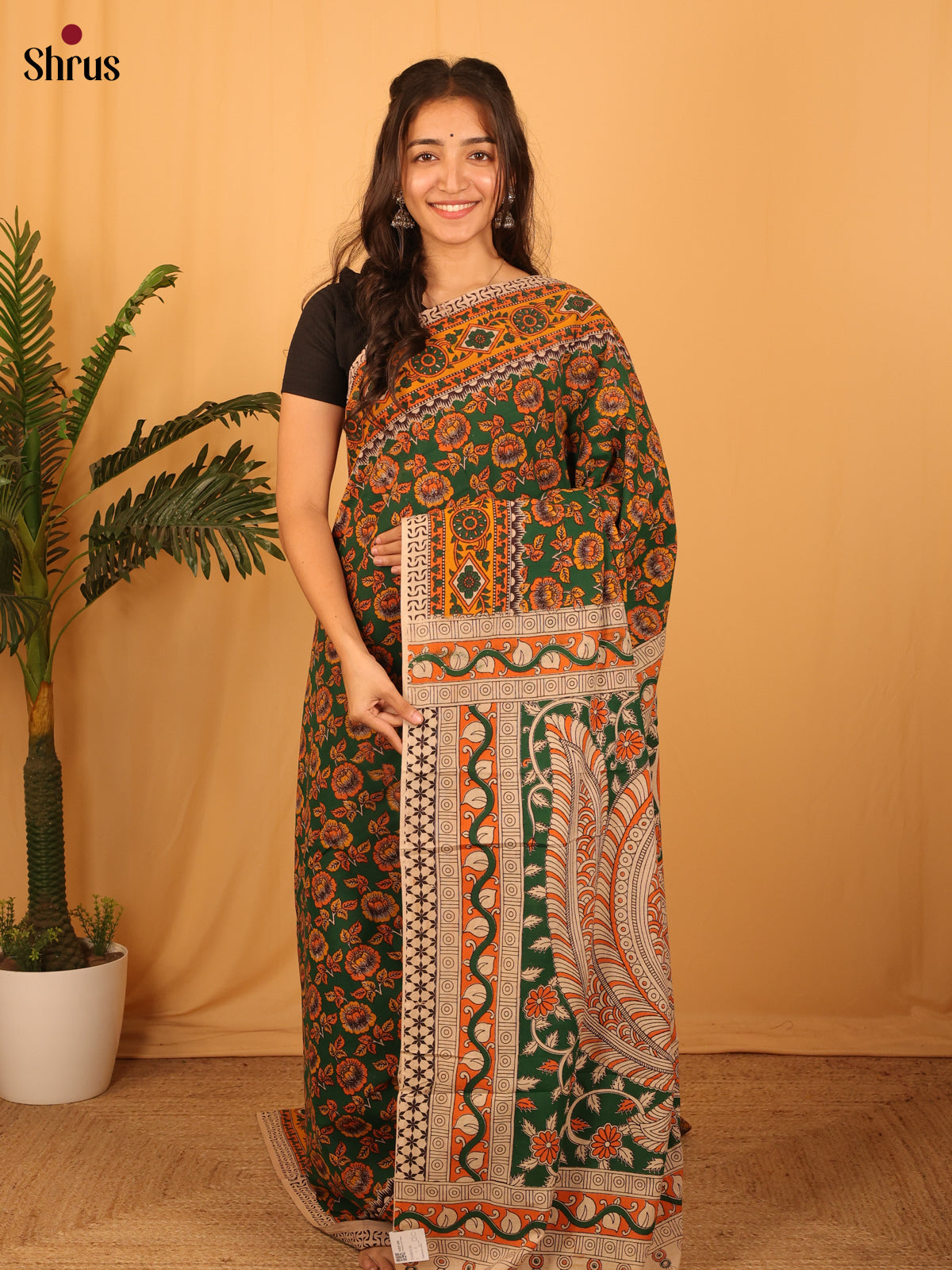 Green & Orange - kalamkari-cotton Saree - Shop on Shrus.com