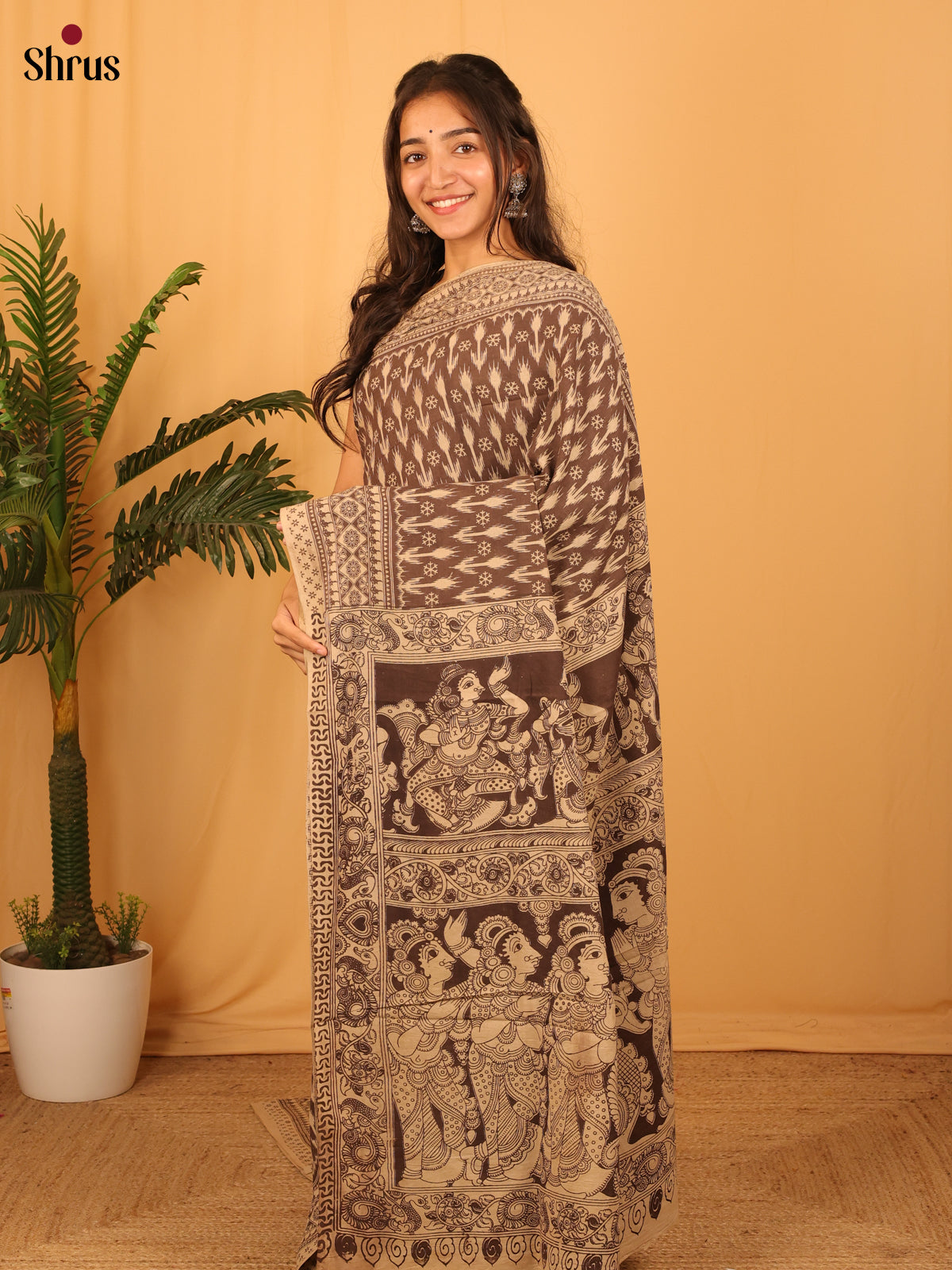 Black & Beige- kalamkari-cotton Saree - Shop on Shrus.com