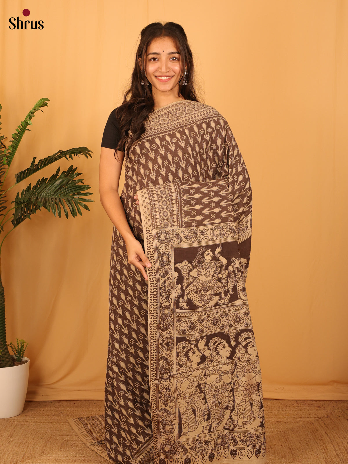 Black & Beige- kalamkari-cotton Saree - Shop on Shrus.com