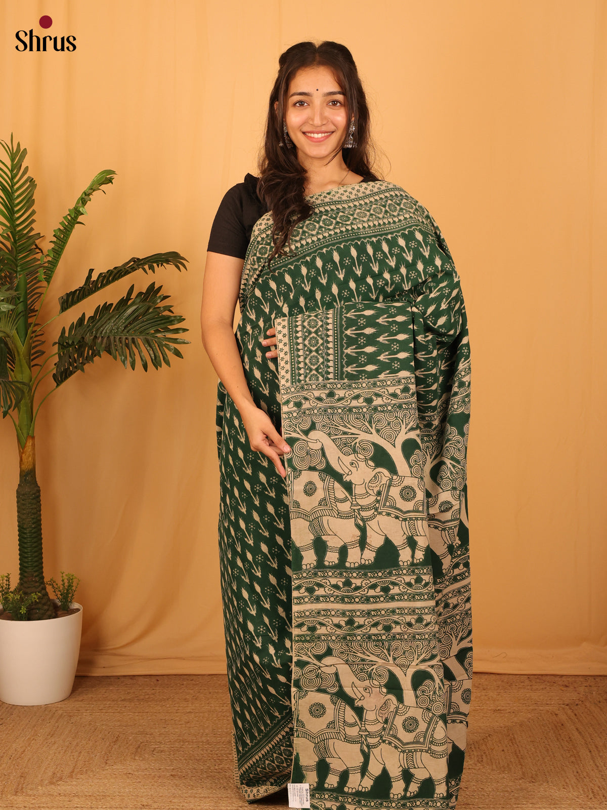 Green & Beige - kalamkari-cotton Saree - Shop on Shrus.com