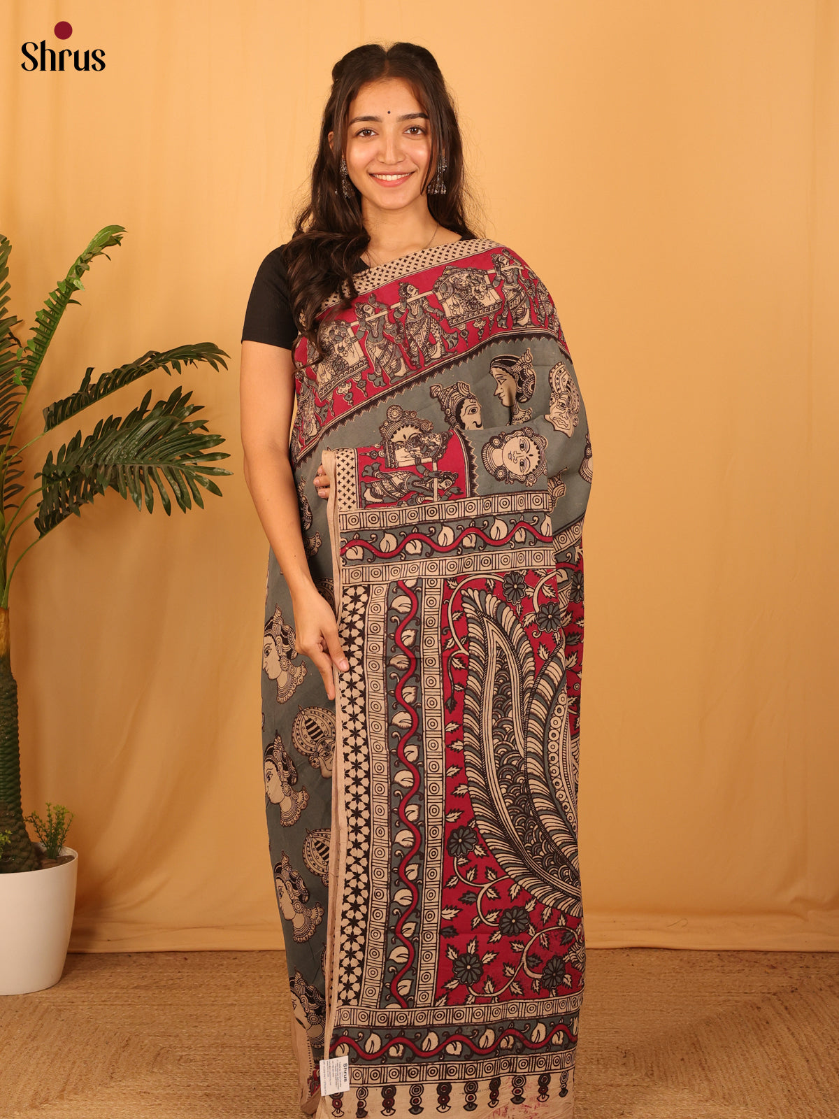 Grey & Red- kalamkari-cotton Saree - Shop on Shrus.com