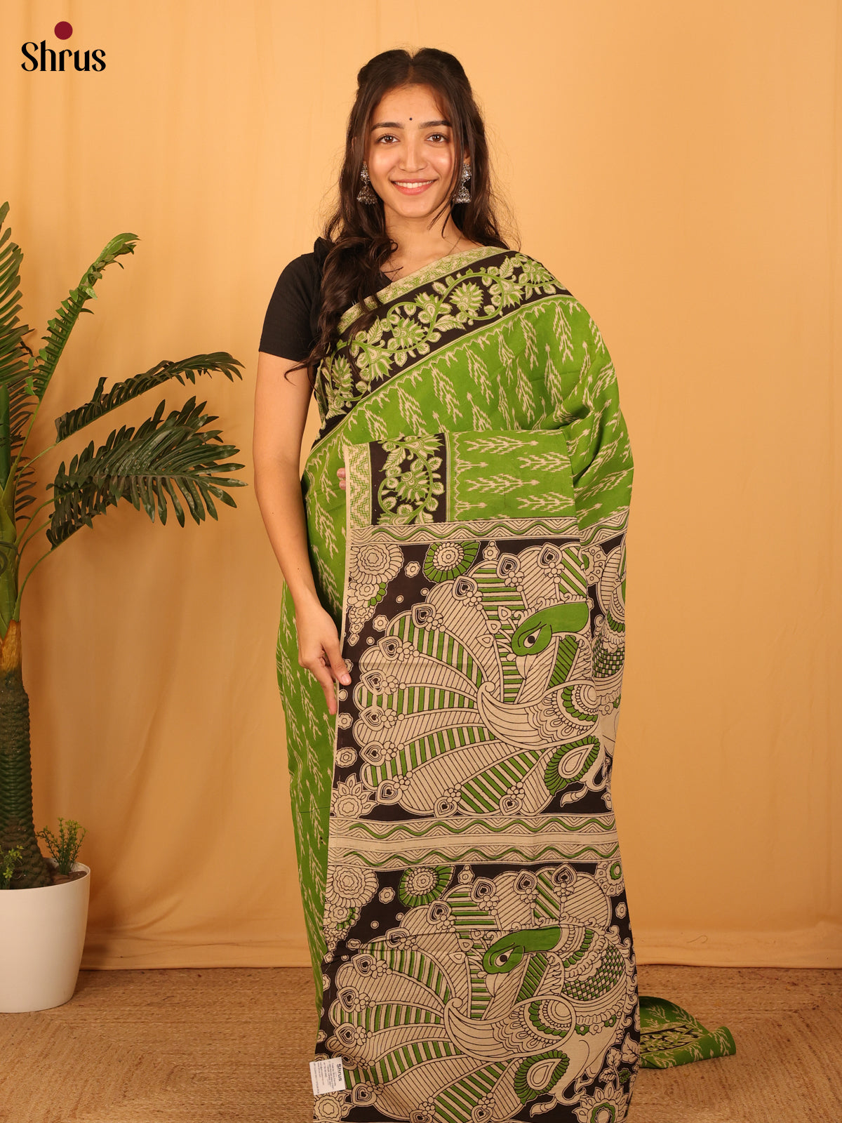 Green & Beige - kalamkari-cotton Saree - Shop on Shrus.com