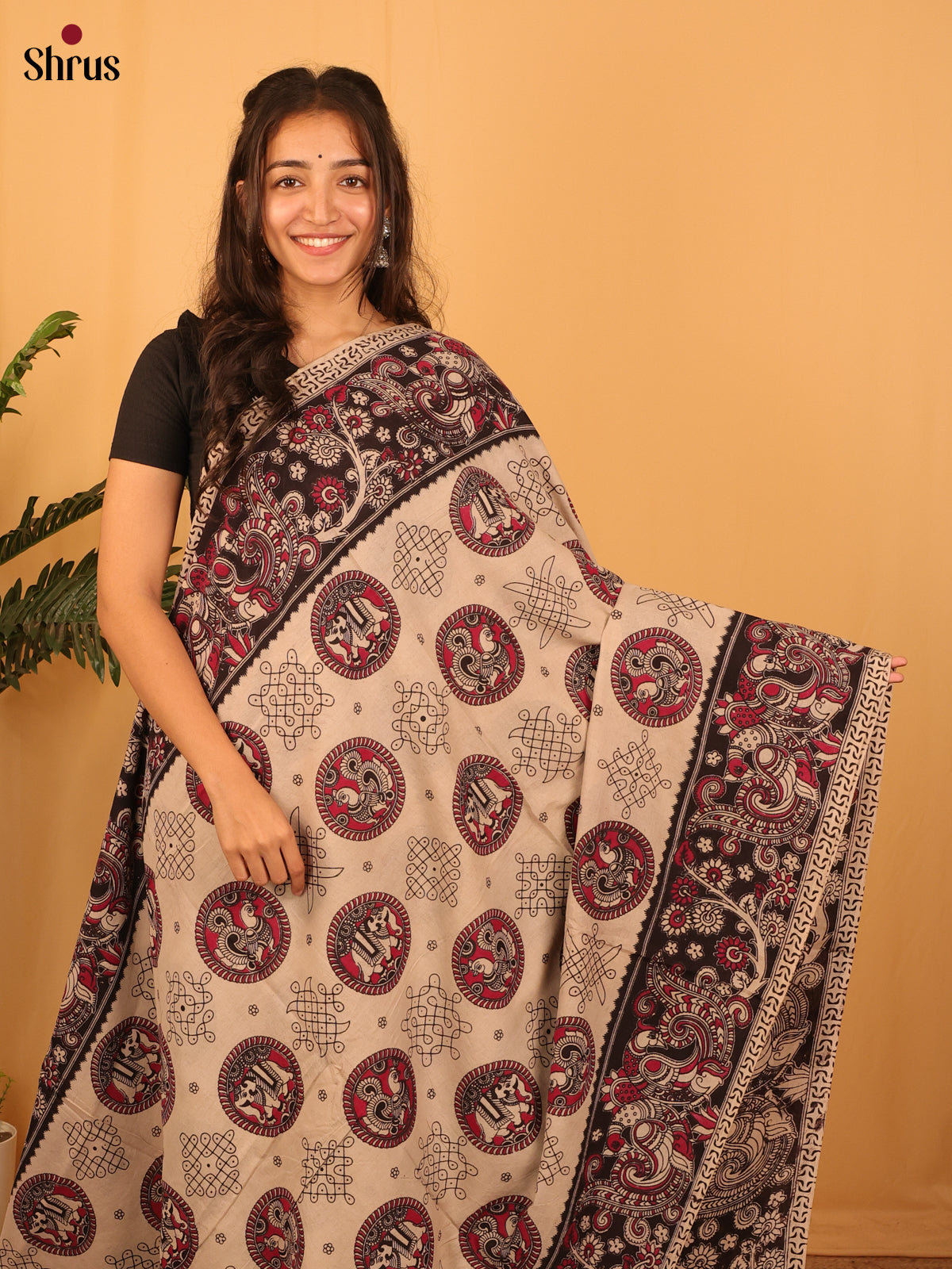 Beige & Black - kalamkari-cotton Saree - Shop on Shrus.com