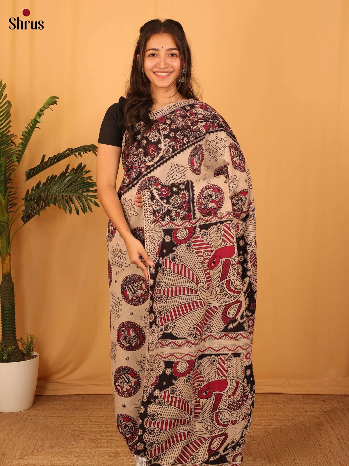 Beige & Black - kalamkari-cotton Saree - Shop on Shrus.com