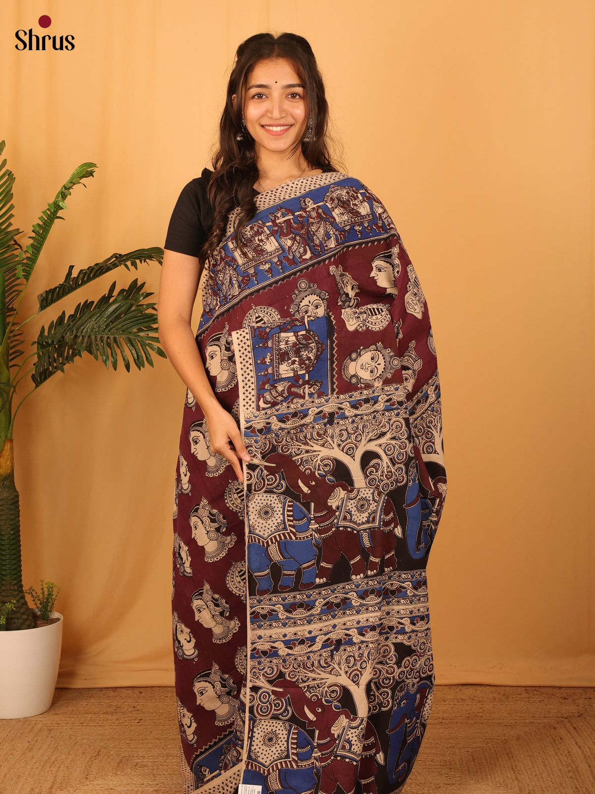 Brown & Blue - kalamkari-cotton Saree - Shop on Shrus.com