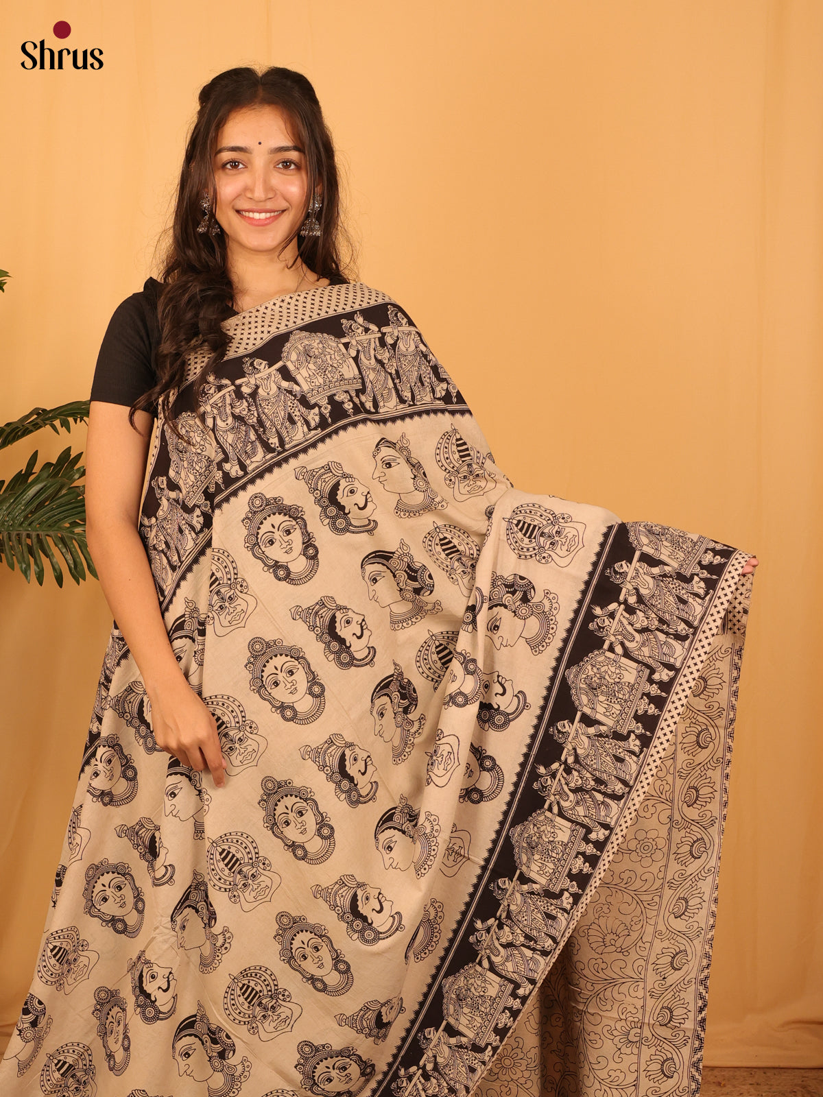 Beige & Black - kalamkari-cotton Saree - Shop on Shrus.com