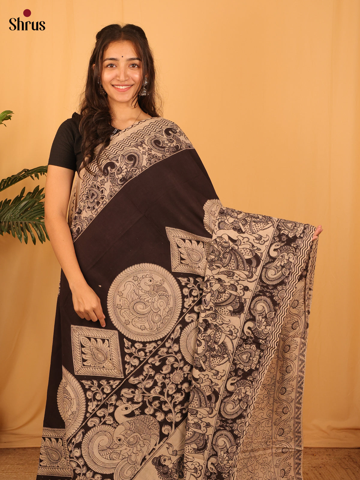 Black & Cream - kalamkari-cotton Saree - Shop on Shrus.com