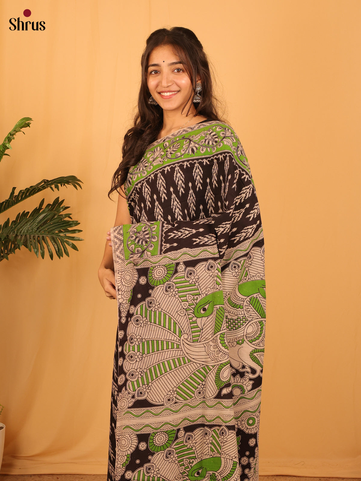 Black & Green - kalamkari-cotton Saree - Shop on Shrus.com