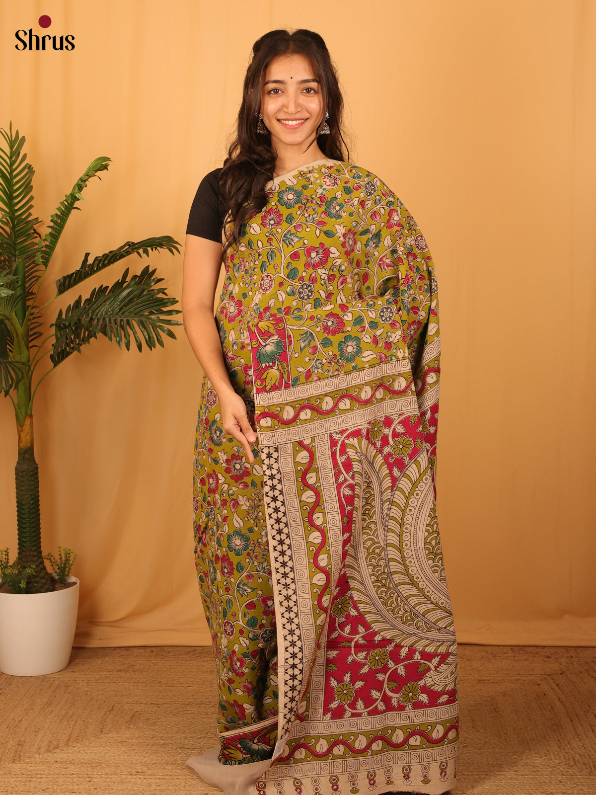 Green & Maroon- kalamkari-cotton Saree - Shop on Shrus.com