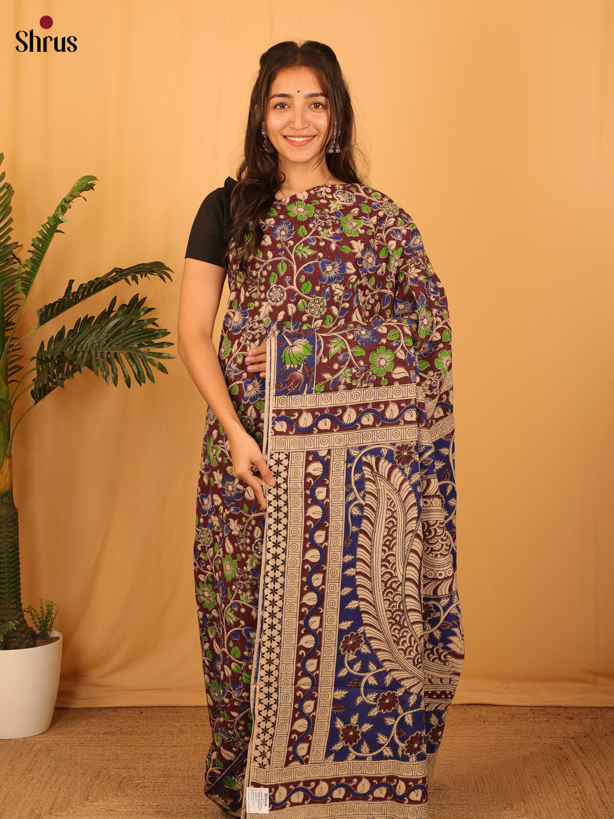 Brown & Blue - kalamkari-cotton Saree - Shop on Shrus.com