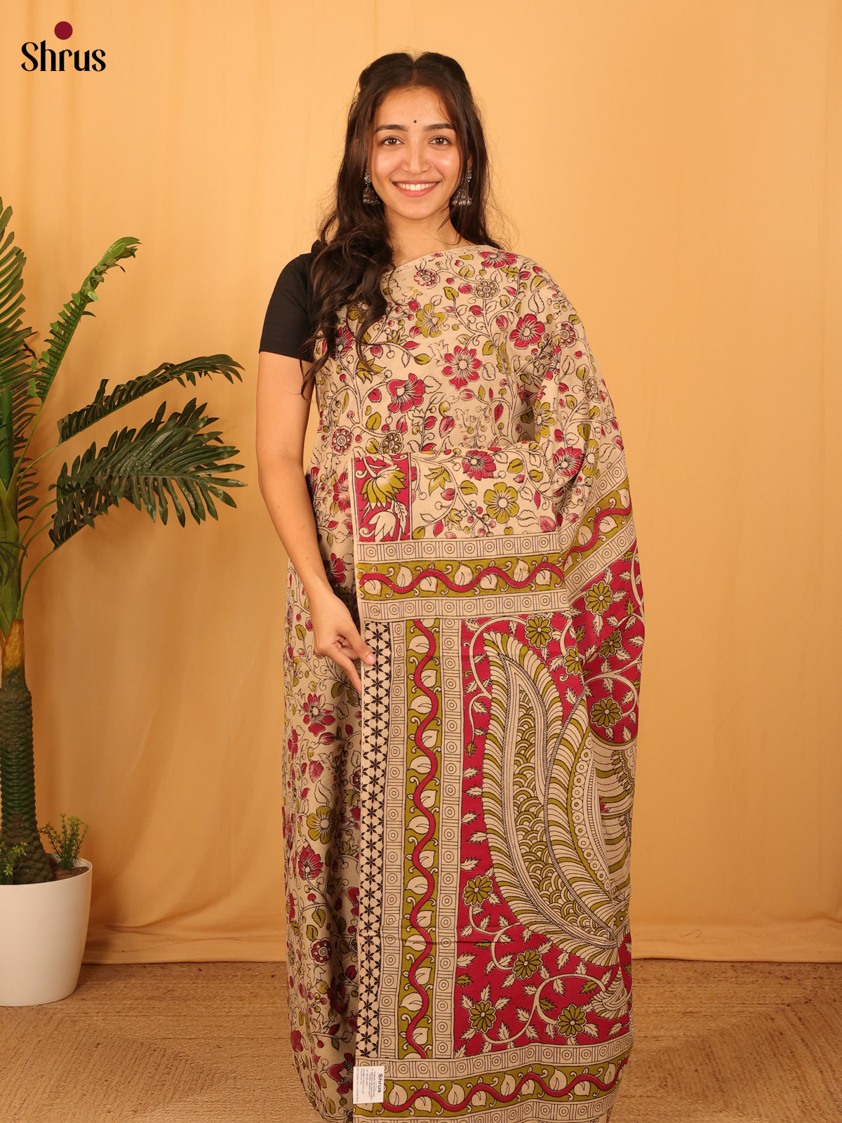 Beige & Pink - kalamkari-cotton Saree - Shop on Shrus.com