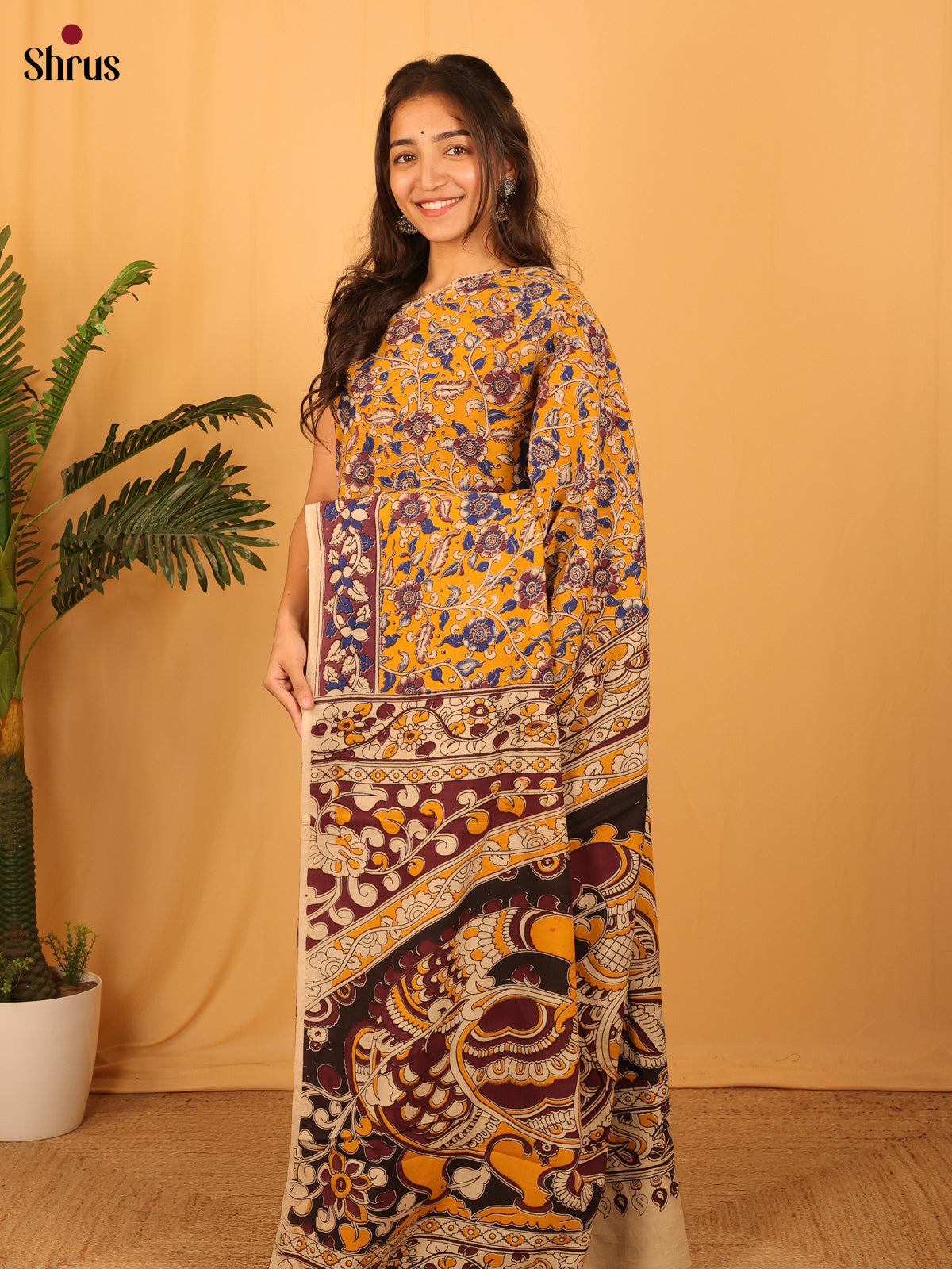 Mustard & Beige - kalamkari-cotton Saree - Shop on Shrus.com