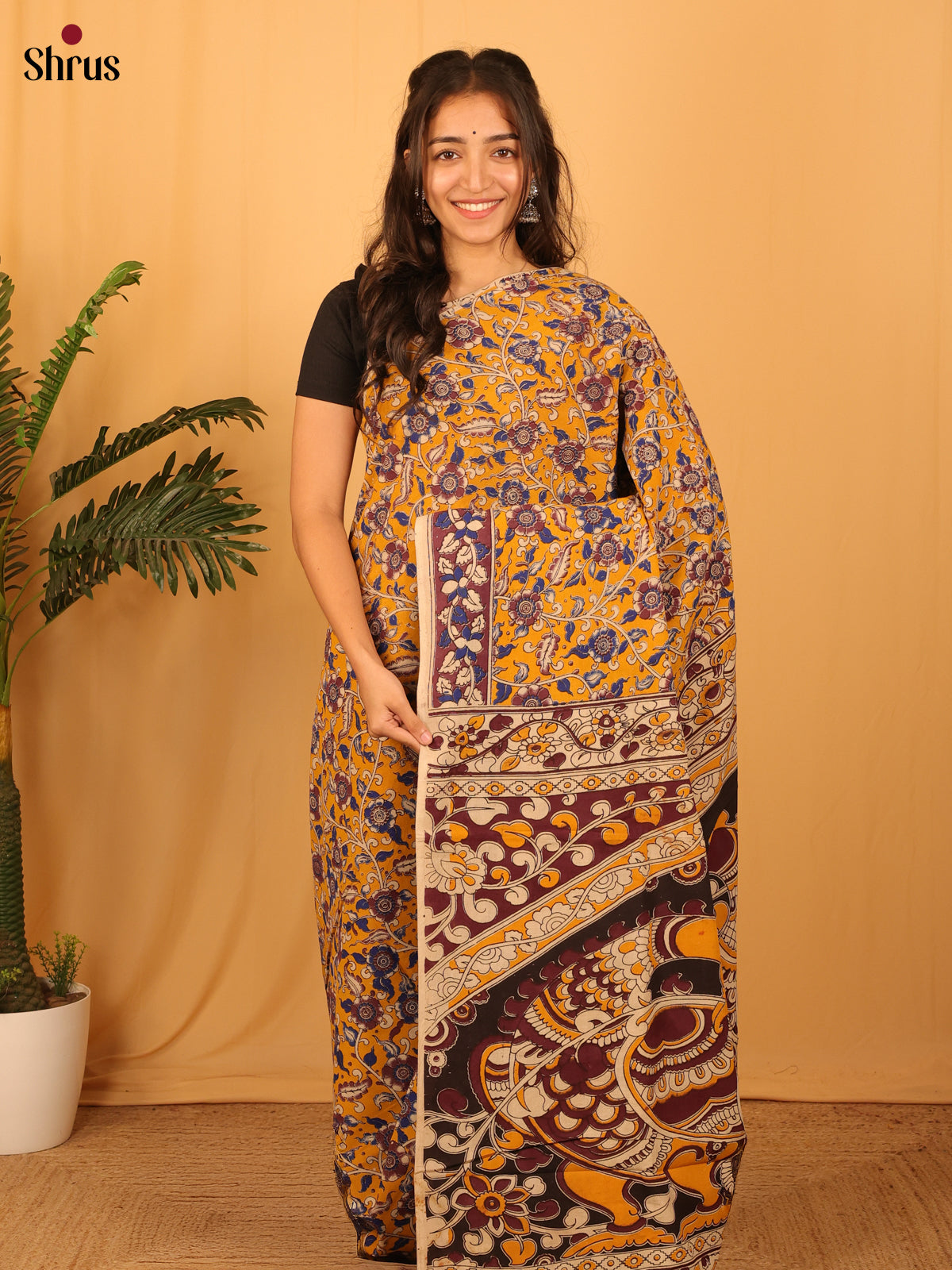 Mustard & Beige - kalamkari-cotton Saree - Shop on Shrus.com