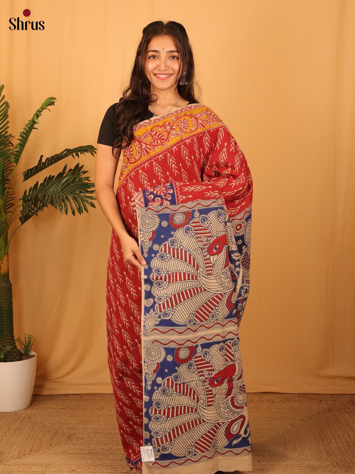 Red & Mustard - kalamkari-cotton Saree - Shop on Shrus.com