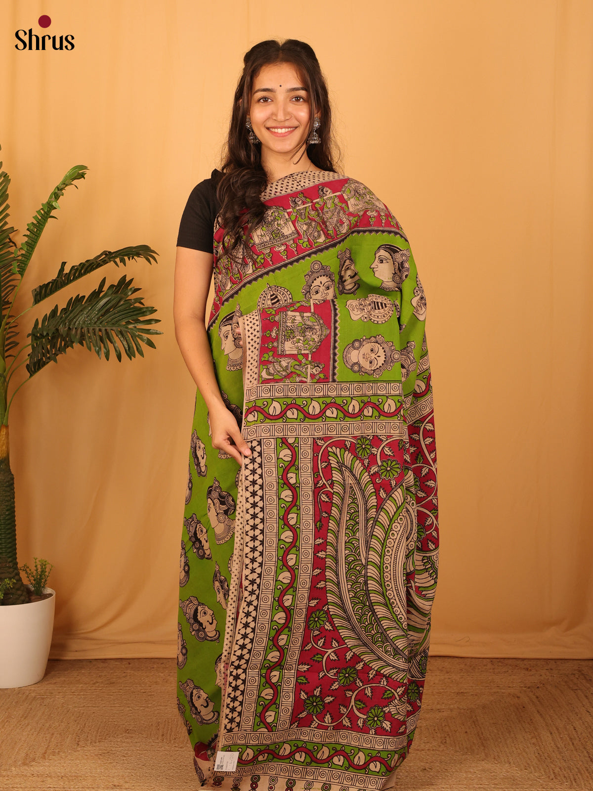 Green & Majenta - kalamkari-cotton Saree - Shop on Shrus.com