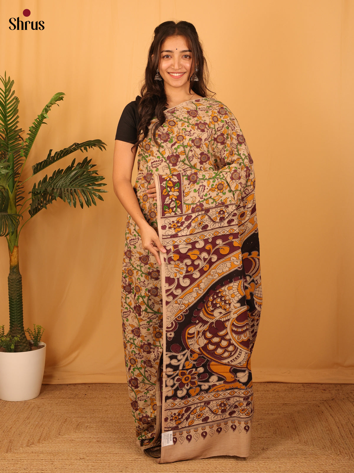 Beige & Brown- kalamkari-cotton Saree - Shop on Shrus.com