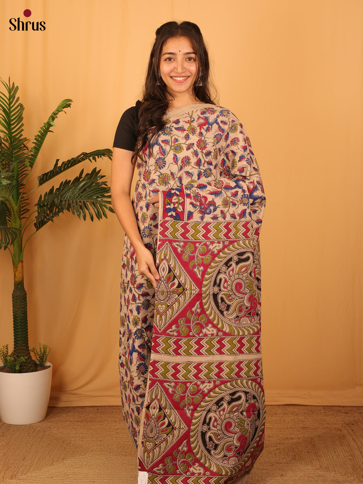 Beige & Red - kalamkari-cotton Saree - Shop on Shrus.com