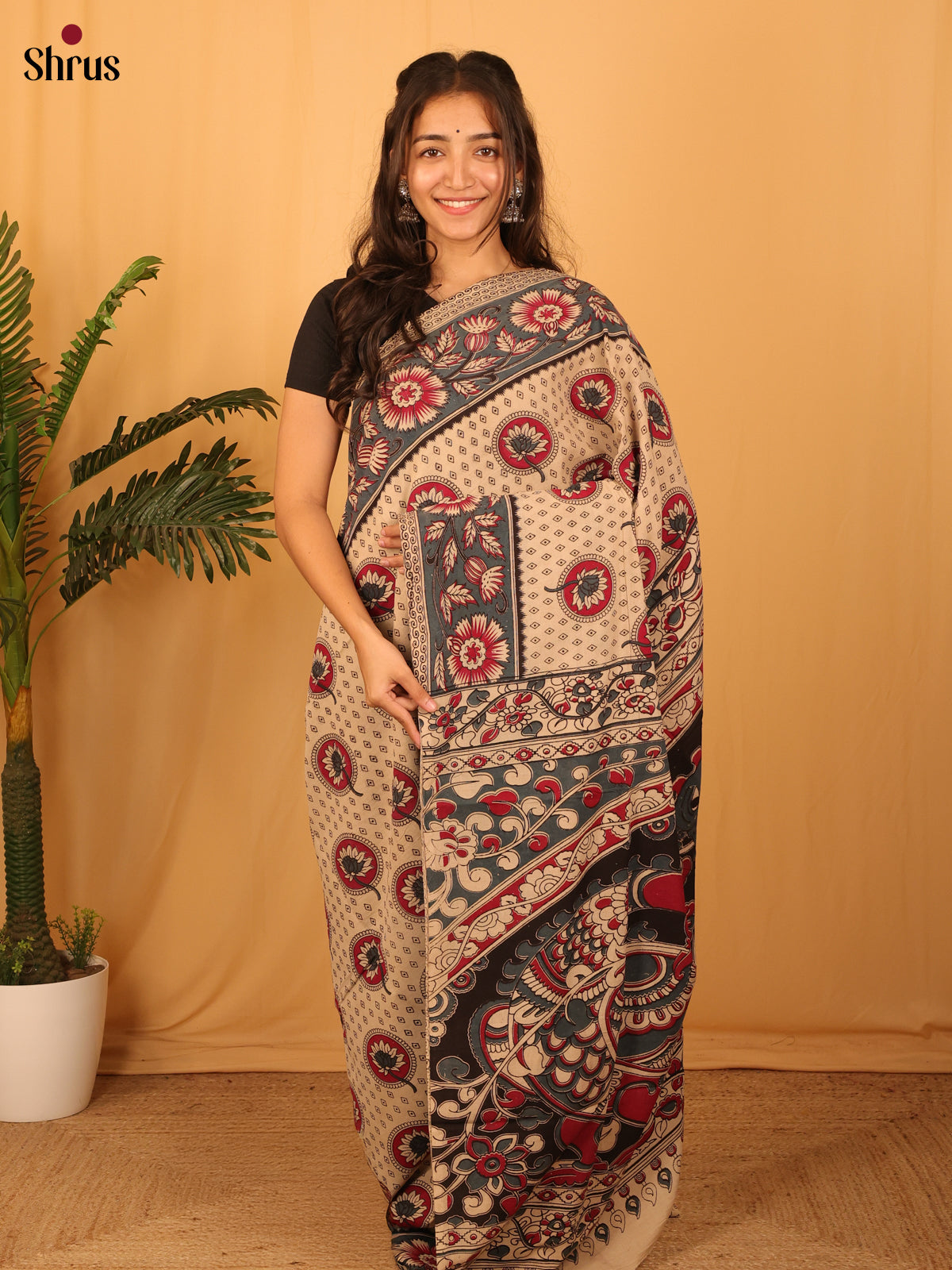Beige & Grey - kalamkari-cotton Saree - Shop on Shrus.com