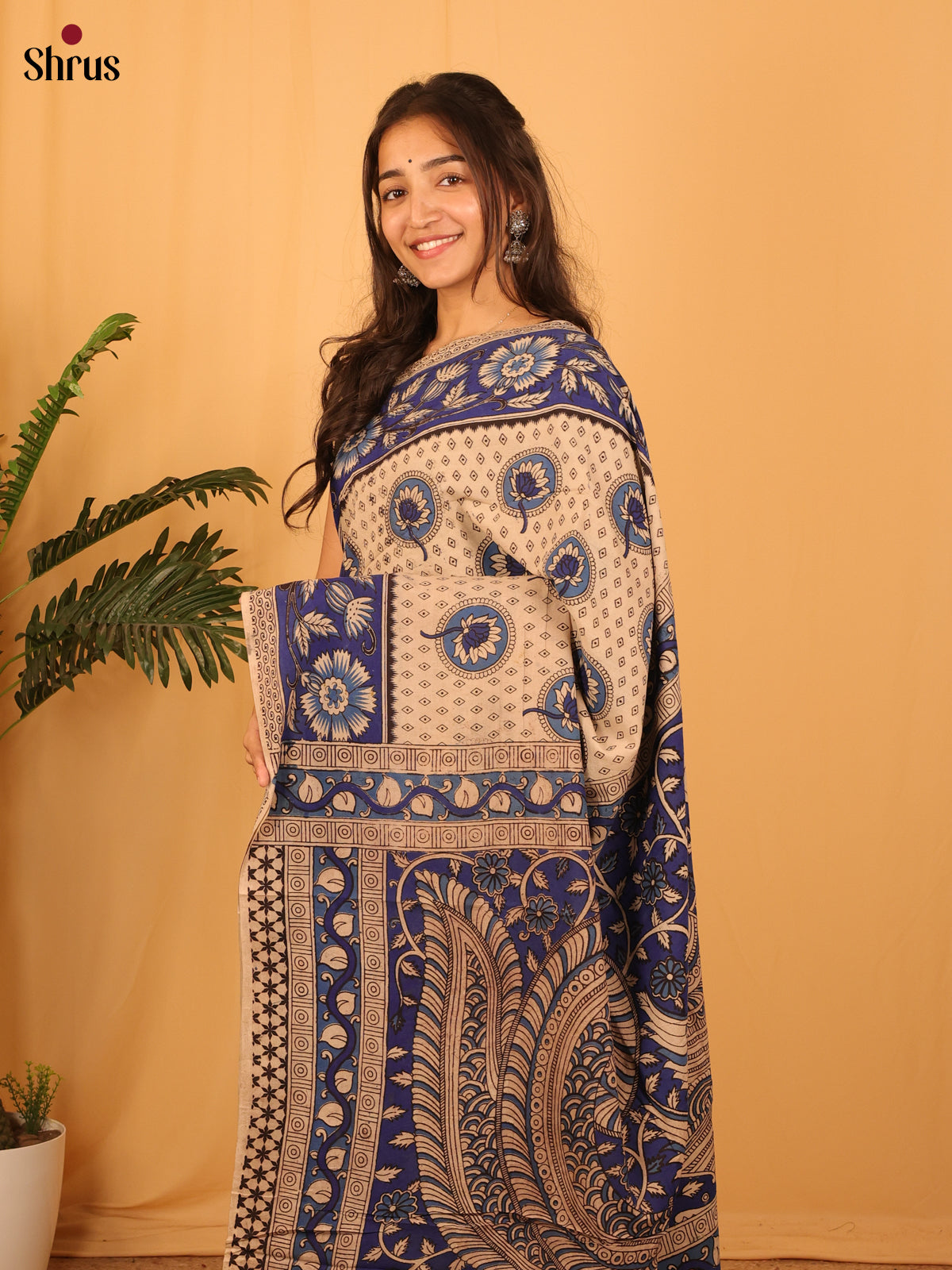 Beige & Blue - kalamkari-cotton Saree - Shop on Shrus.com