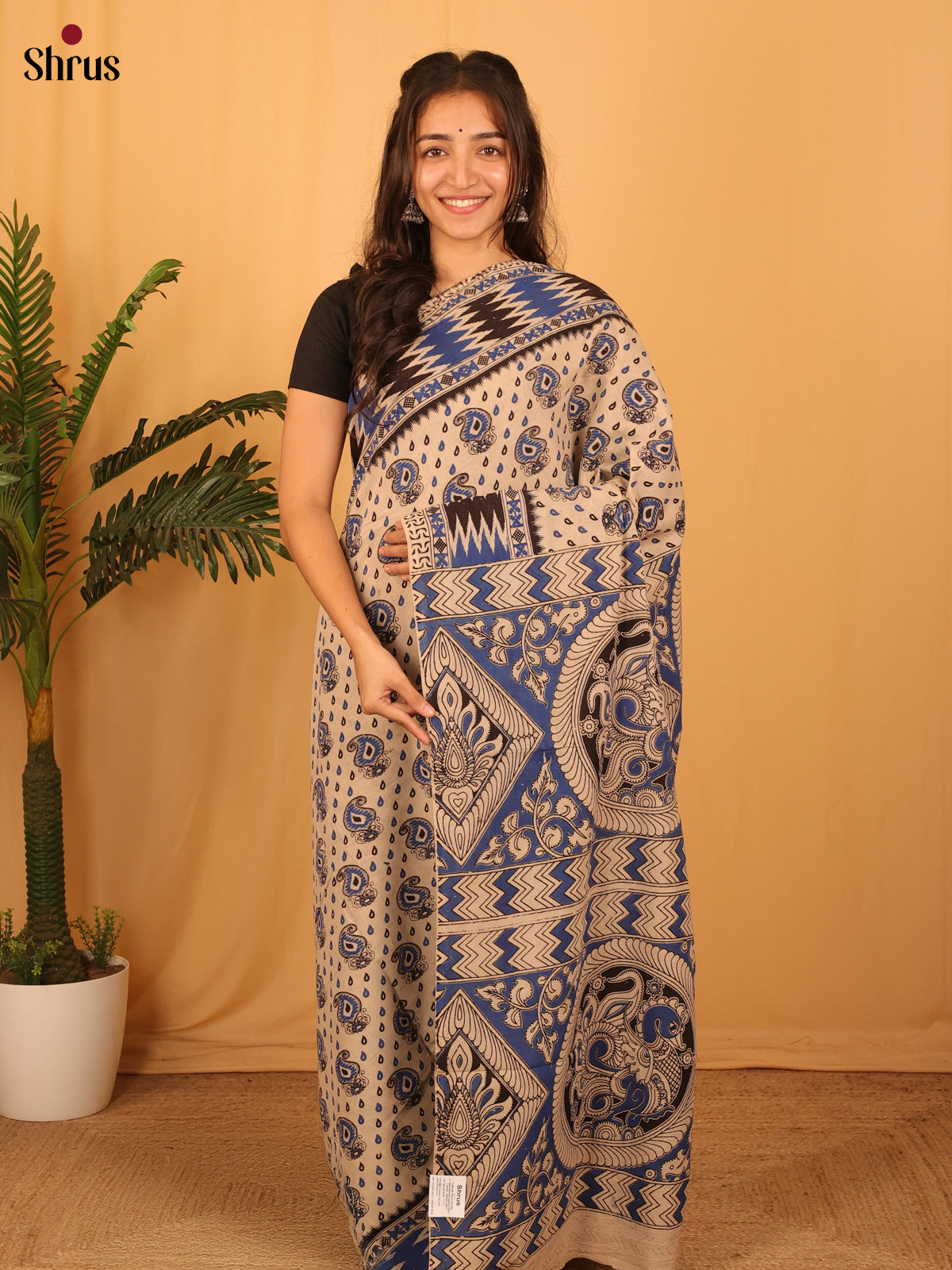 Beige & Blue- kalamkari-cotton Saree - Shop on Shrus.com