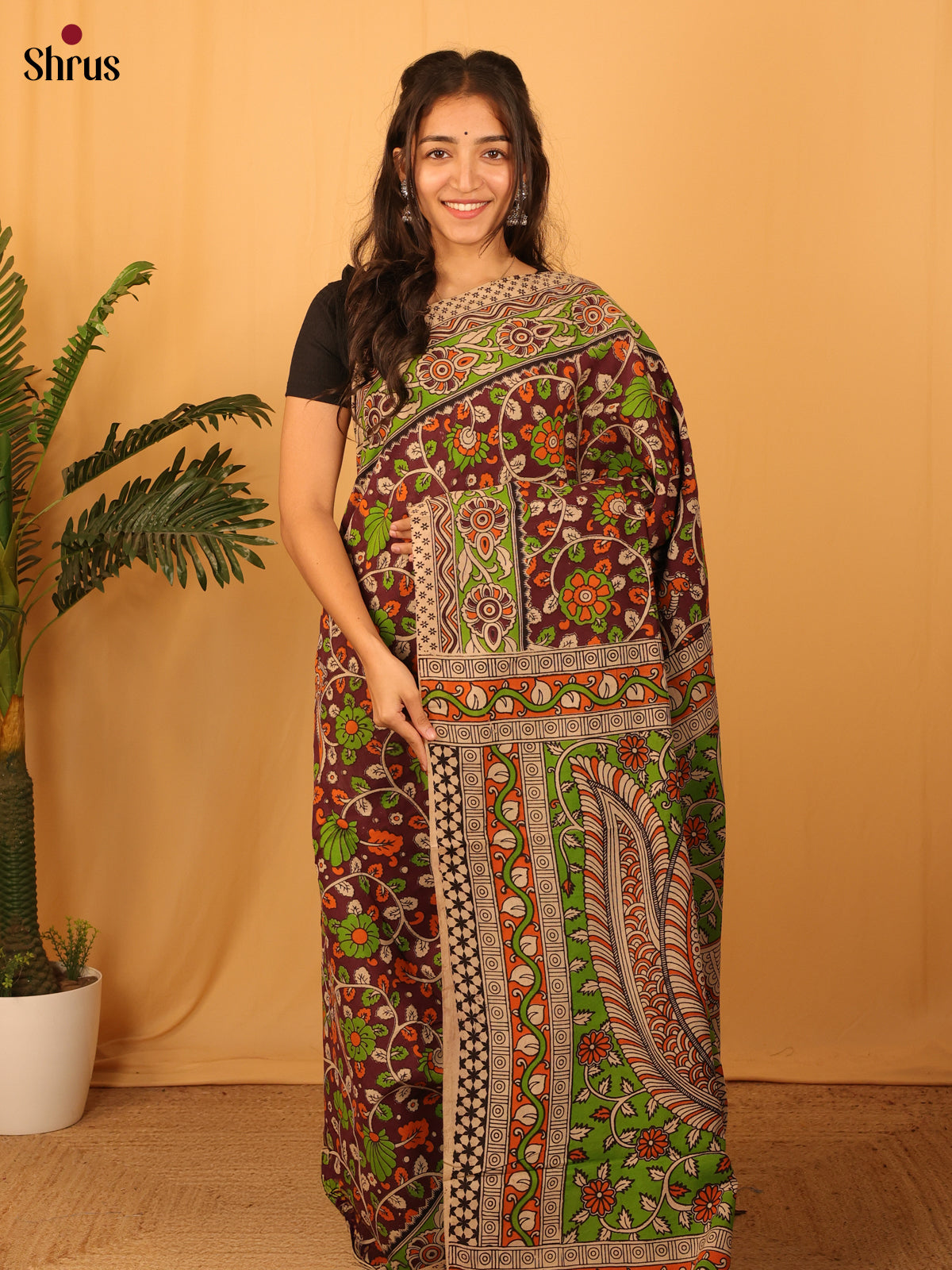 Brown & Green - kalamkari-cotton Saree - Shop on Shrus.com