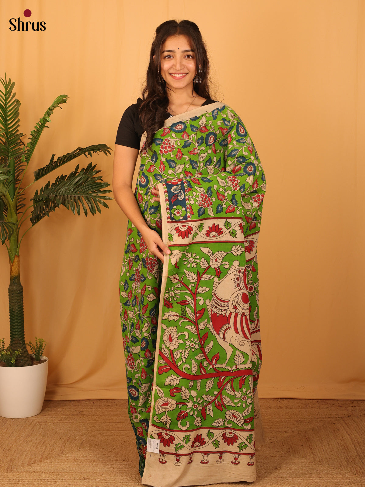 Green & Beige - kalamkari-cotton Saree - Shop on Shrus.com