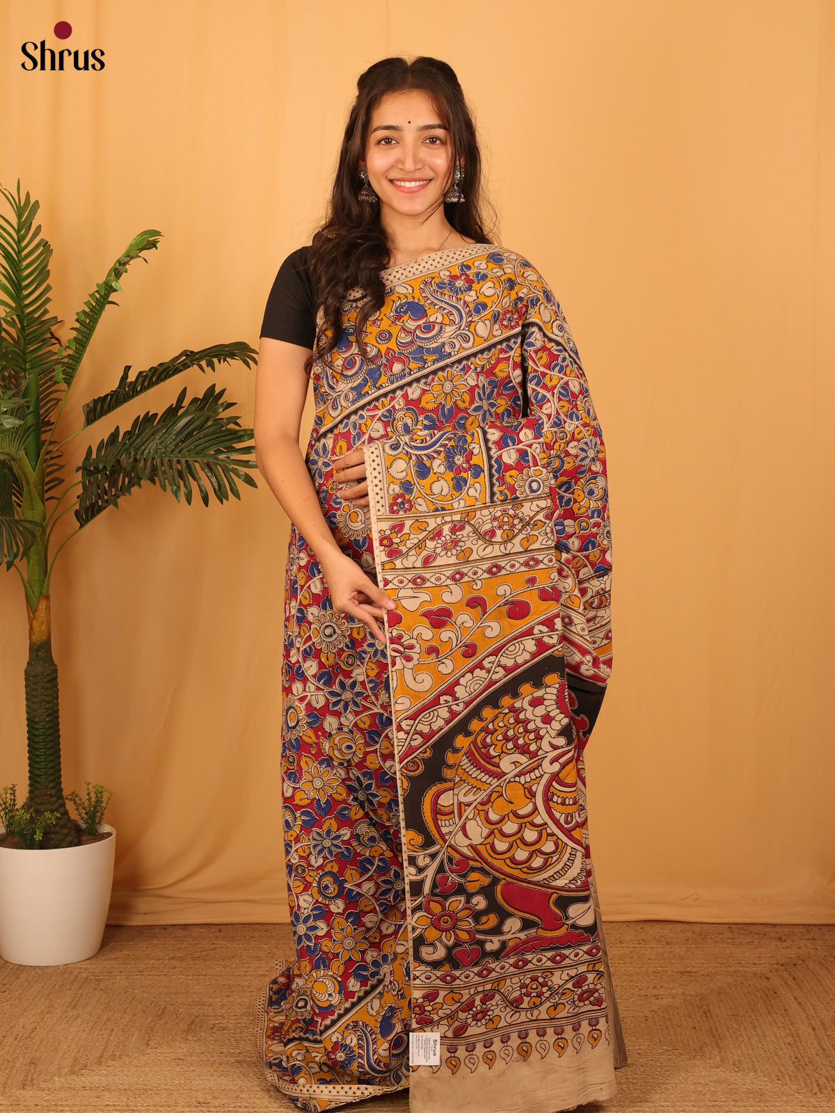 Maroon & Beige- kalamkari-cotton Saree - Shop on Shrus.com