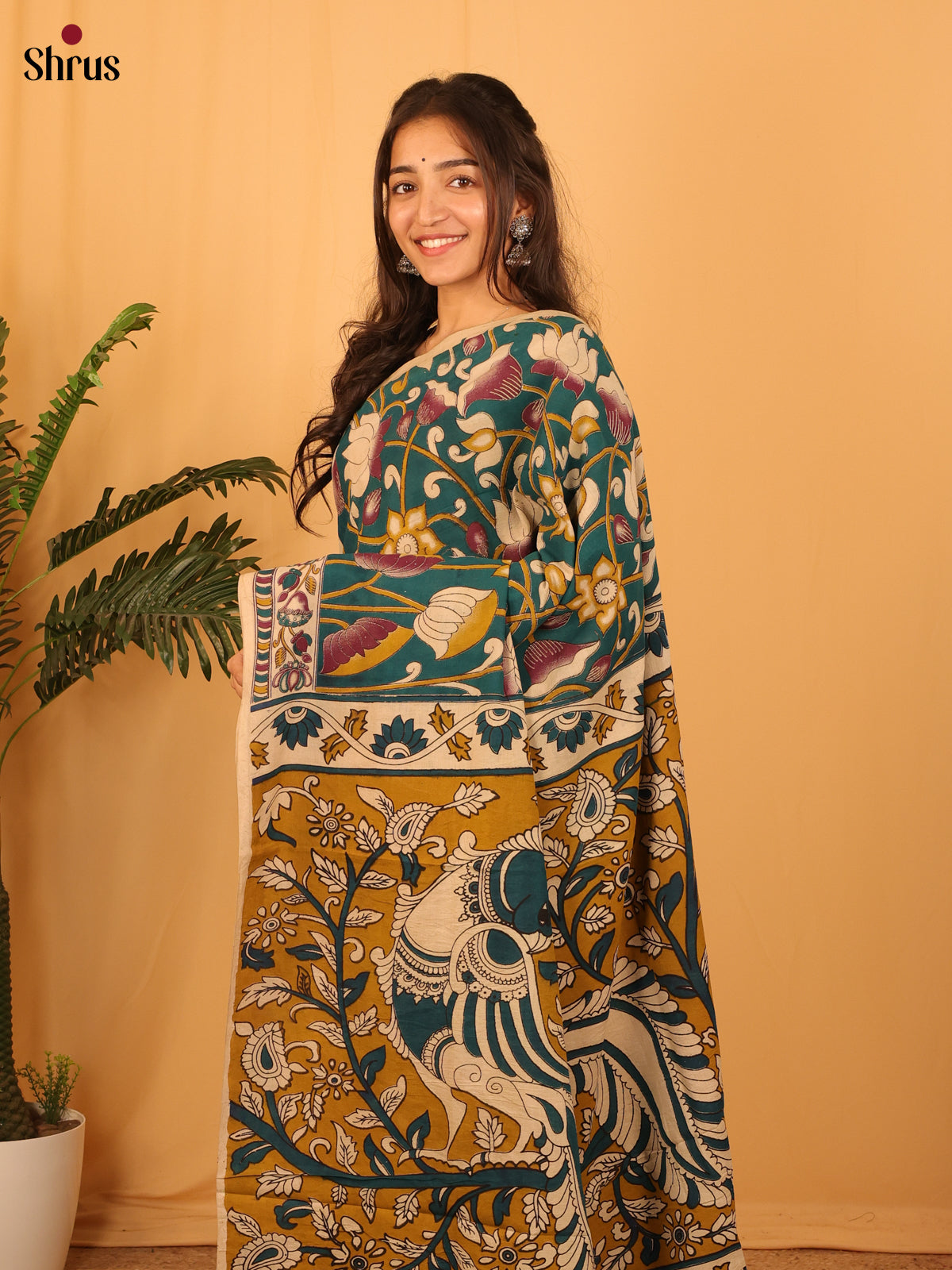 Green & Mustard - kalamkari-cotton Saree - Shop on Shrus.com