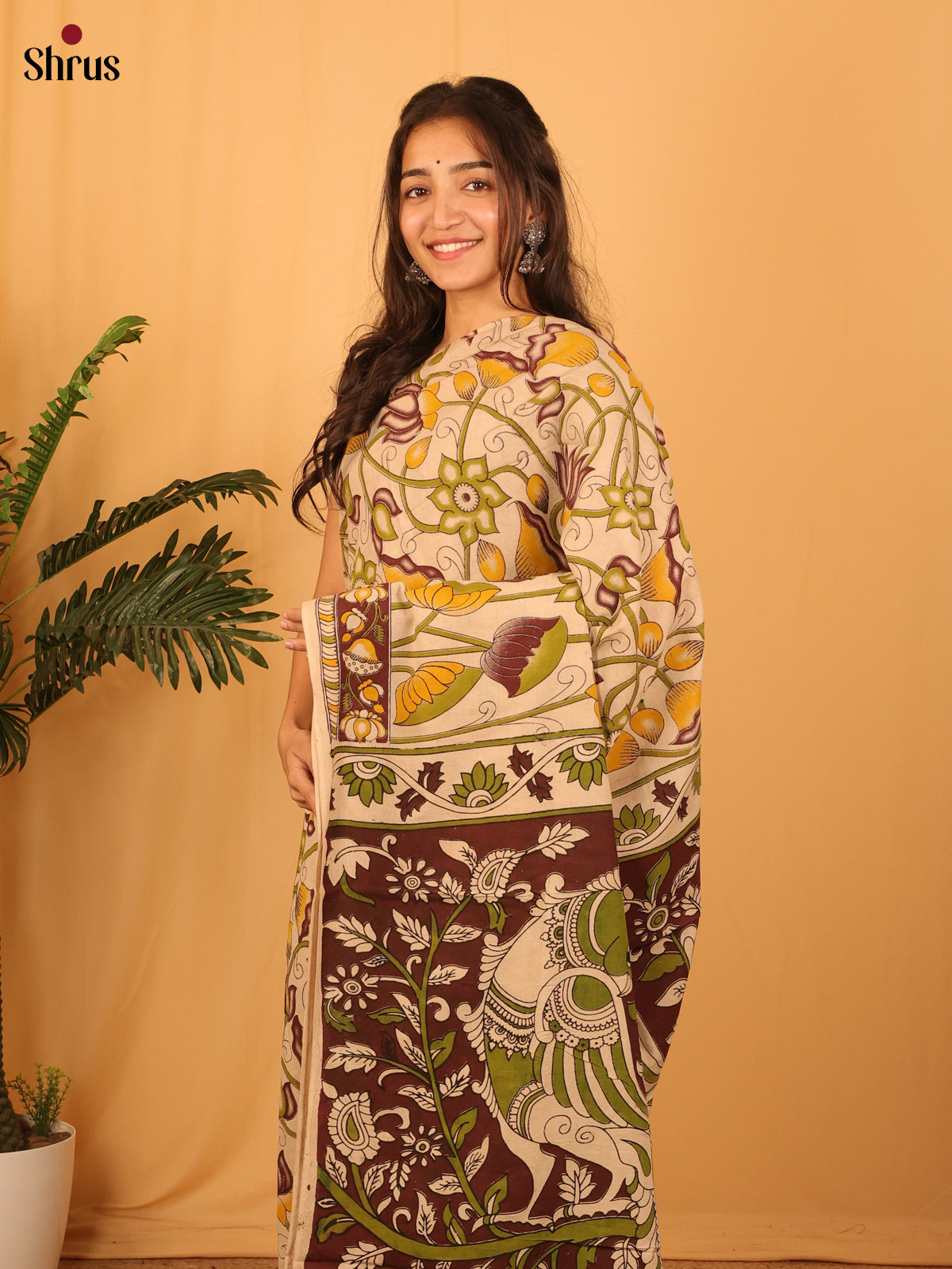 Beige & Brown- kalamkari-cotton Saree - Shop on Shrus.com