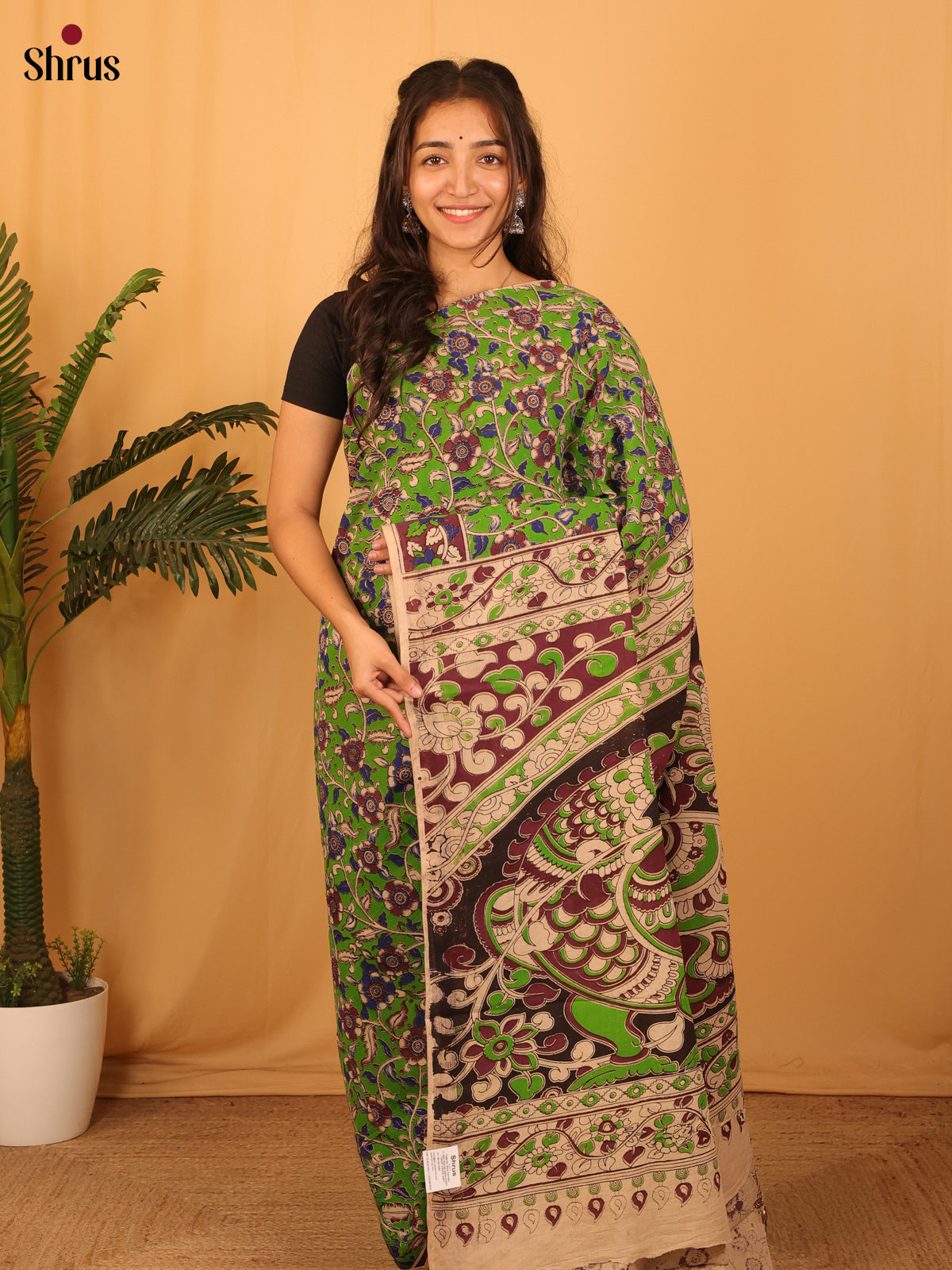 Green & Beige- kalamkari-cotton Saree - Shop on Shrus.com