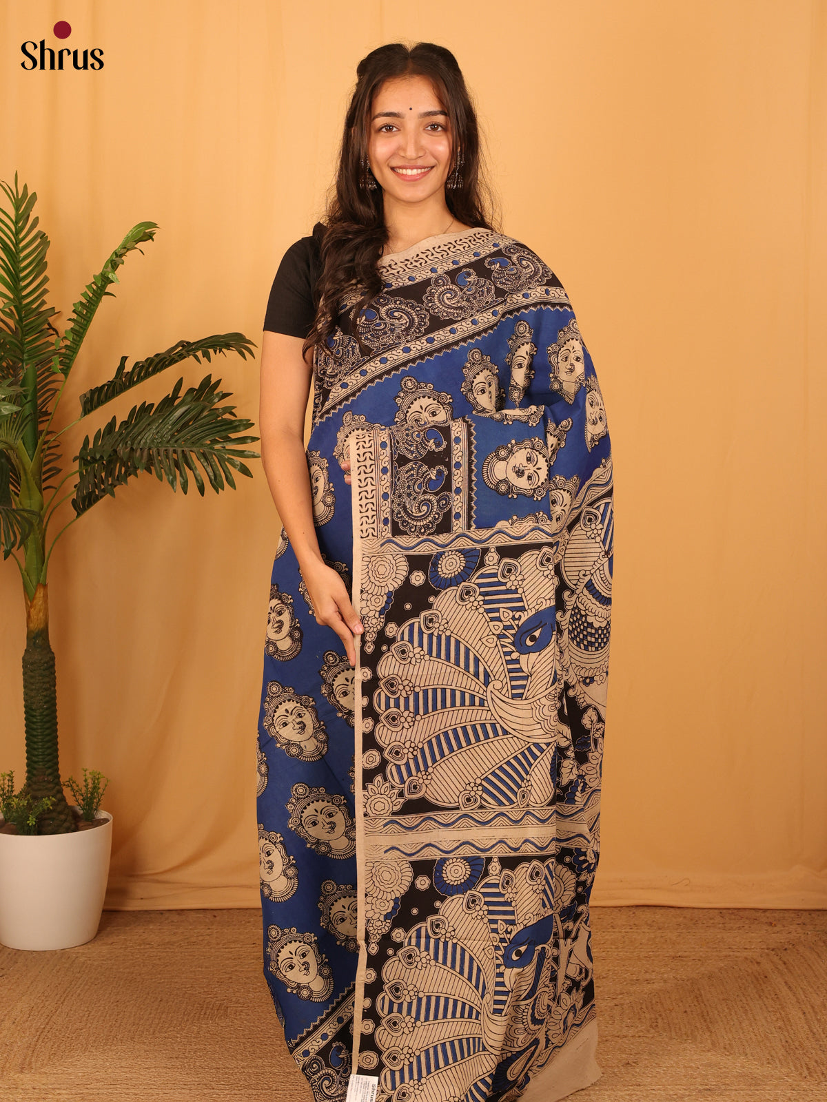 Blue & Beige - kalamkari-cotton Saree - Shop on Shrus.com