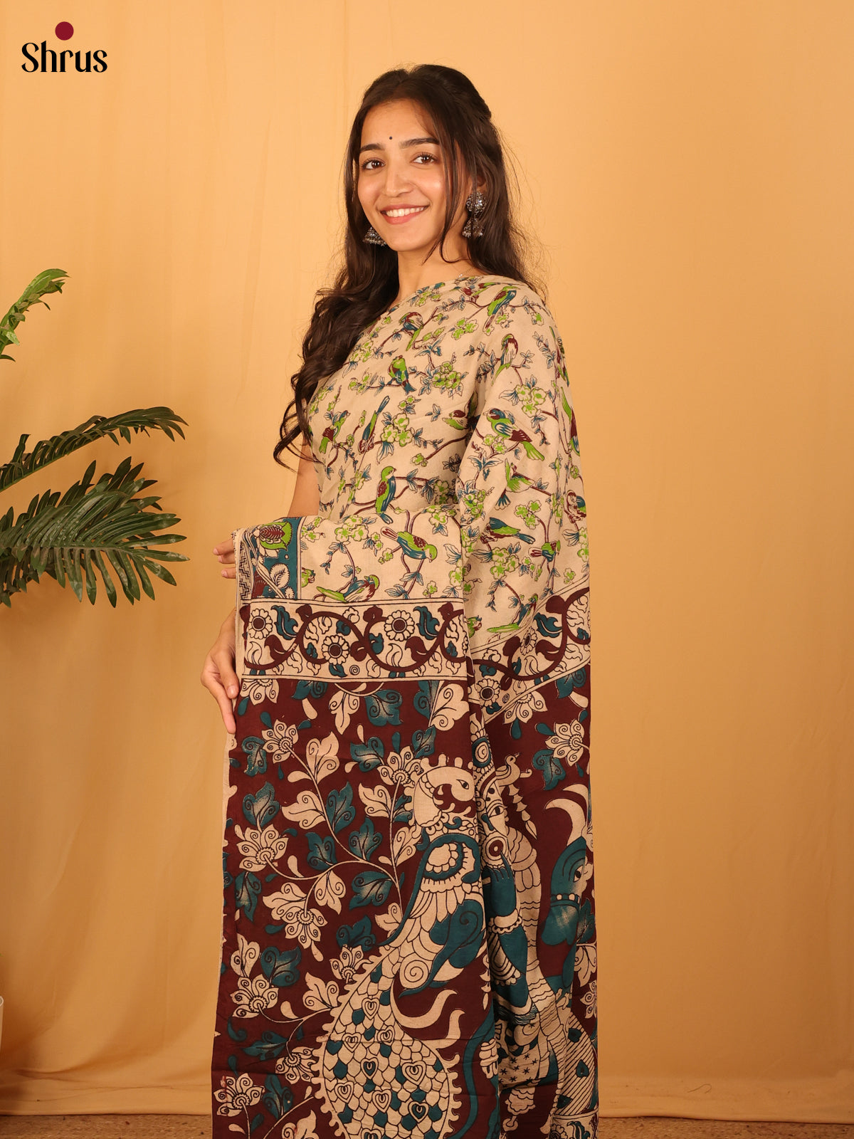 Beige & Brown- kalamkari-cotton Saree - Shop on Shrus.com