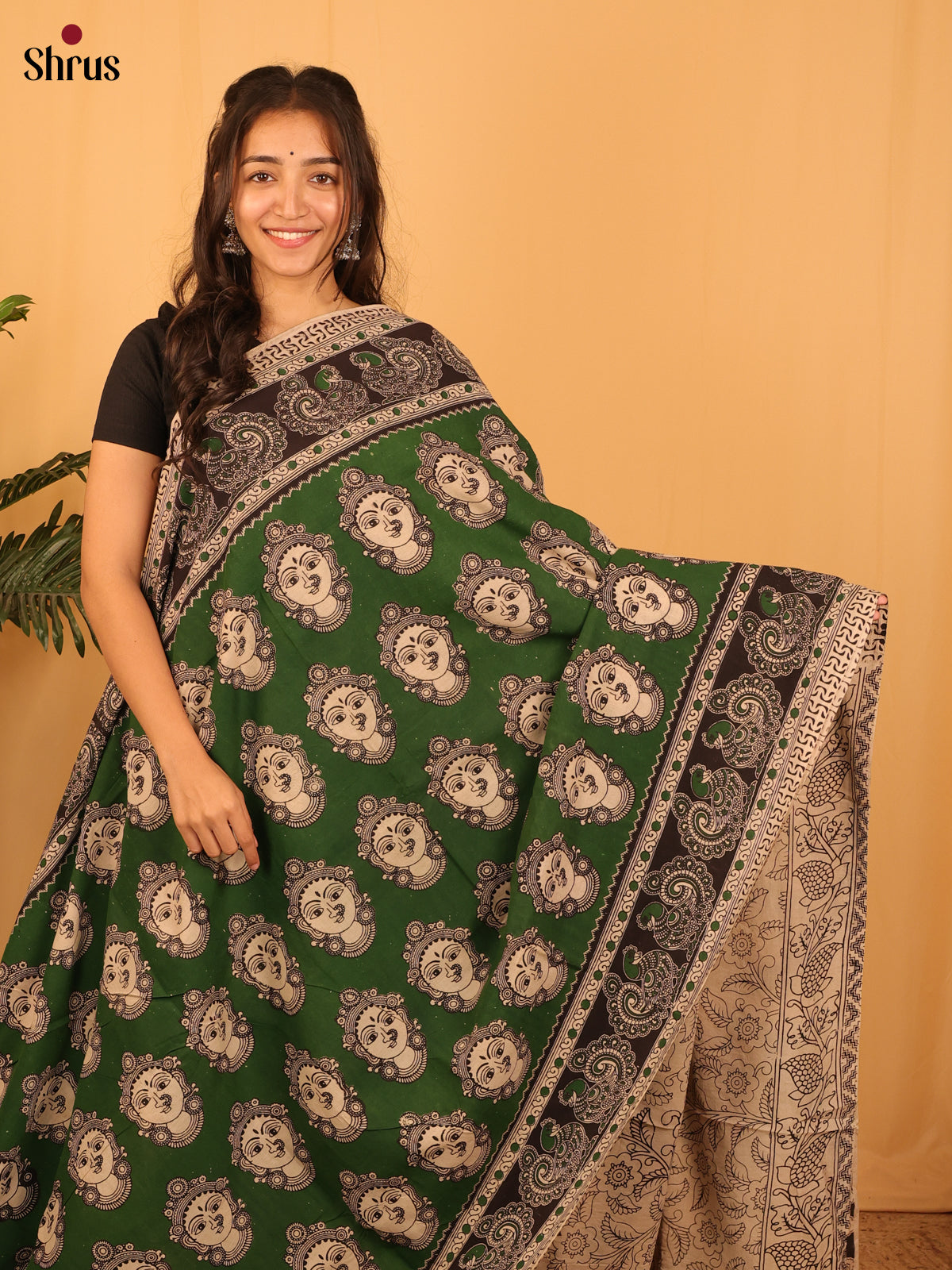 Green & Beige - kalamkari-cotton Saree - Shop on Shrus.com