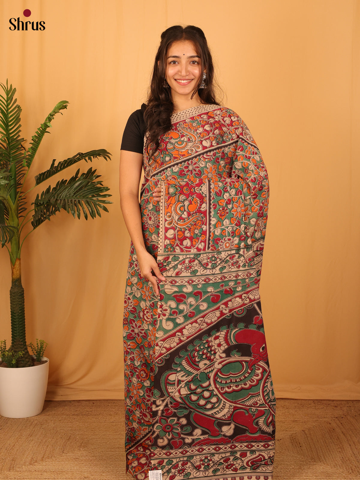 Green & Maroon- kalamkari-cotton Saree - Shop on Shrus.com