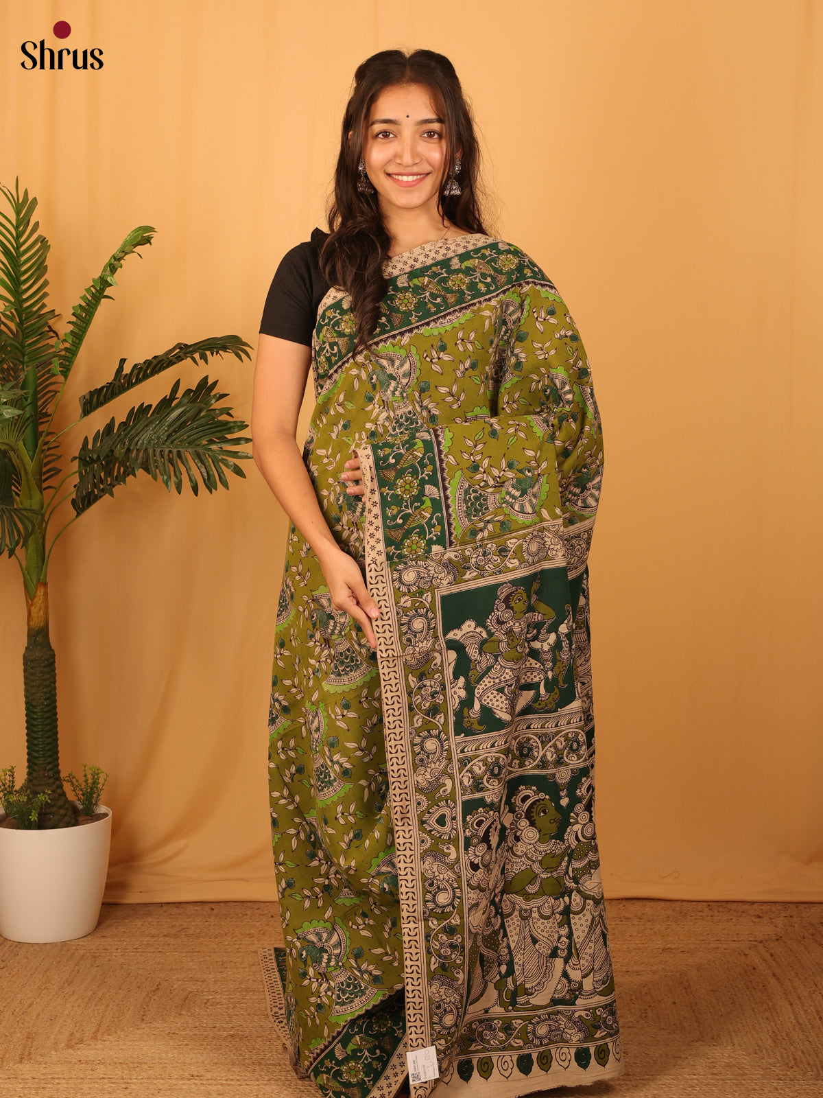 Green & Beige - kalamkari-cotton Saree - Shop on Shrus.com