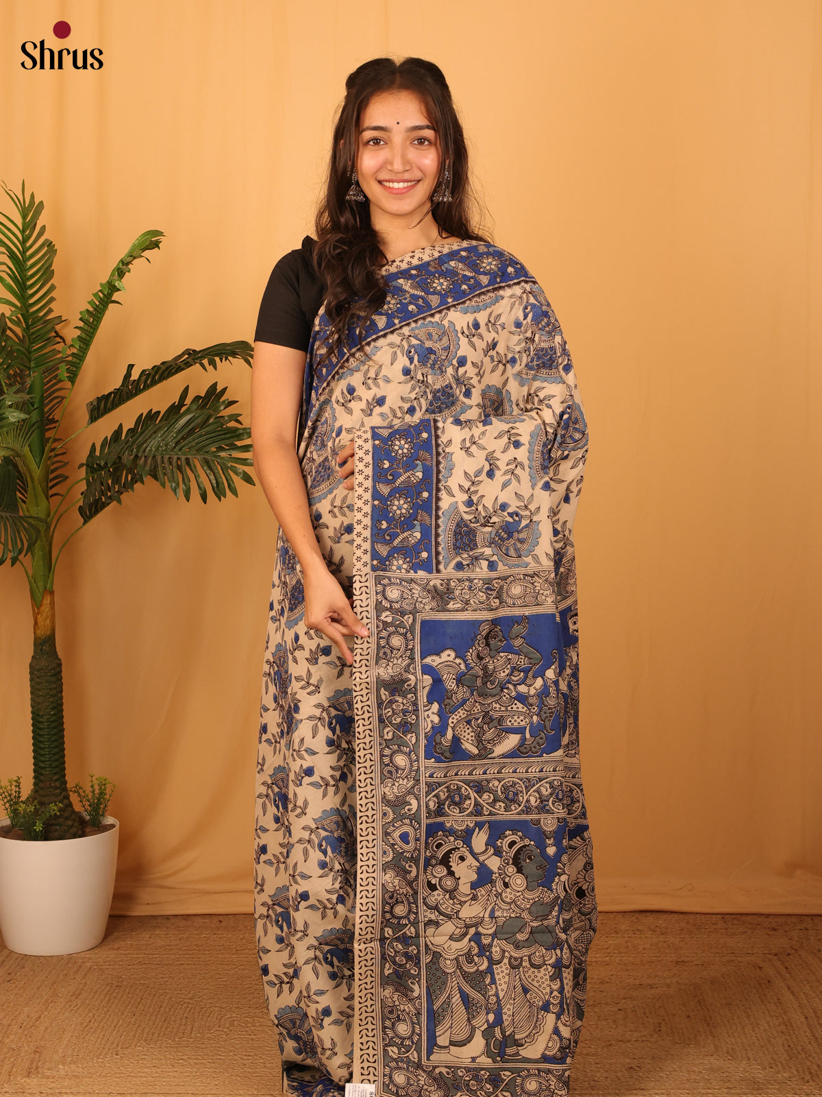 Beige & Blue - kalamkari-cotton Saree - Shop on Shrus.com