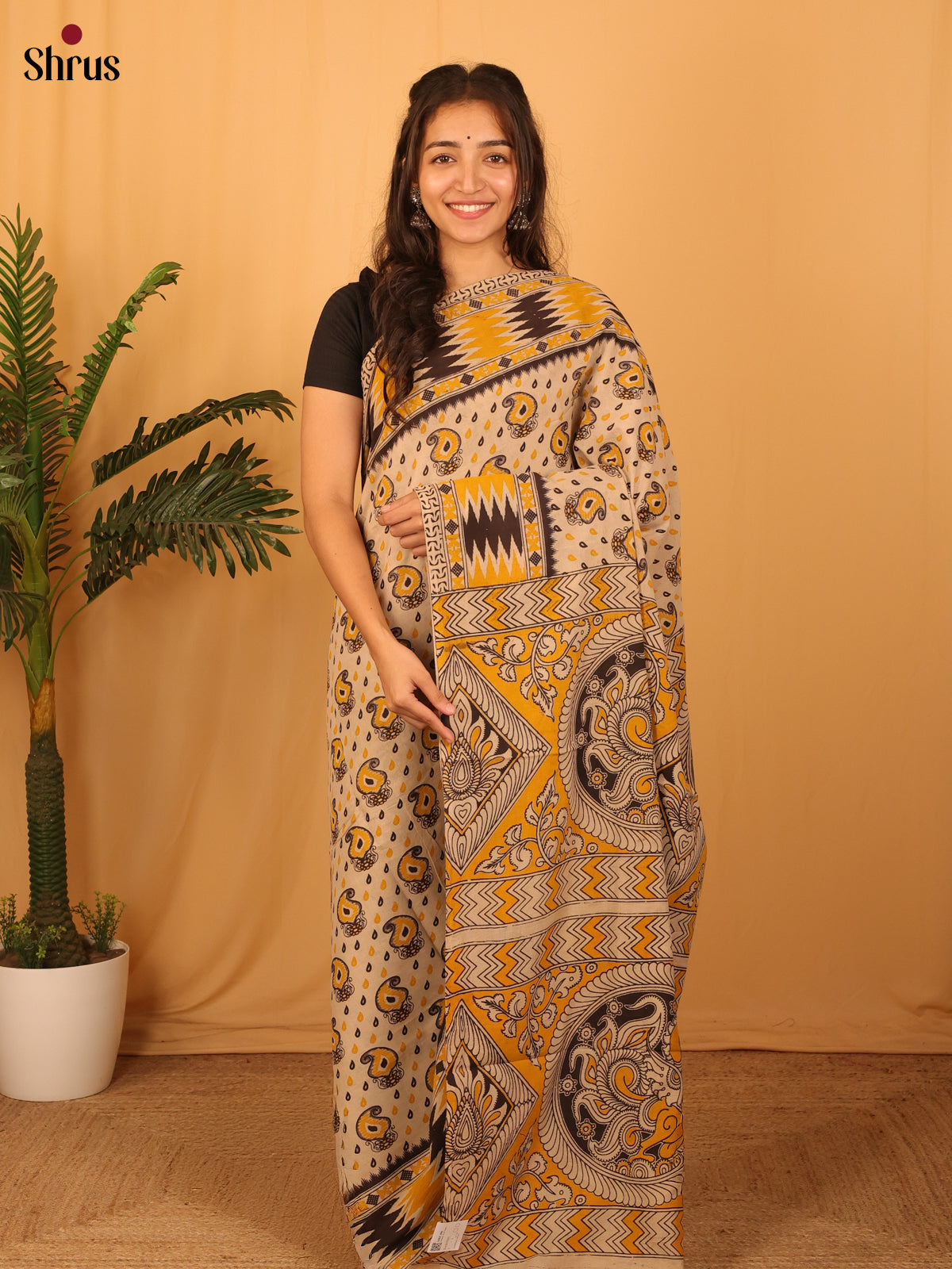 Beige & Mustard - kalamkari-cotton Saree - Shop on Shrus.com