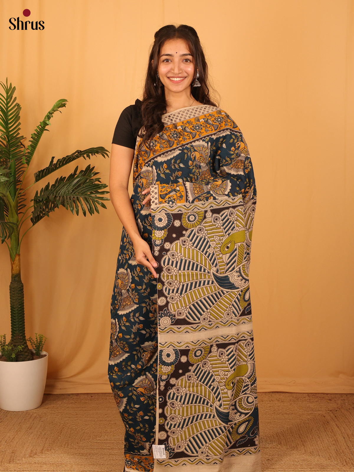 Peacock Green & Beige - kalamkari-cotton Saree - Shop on Shrus.com