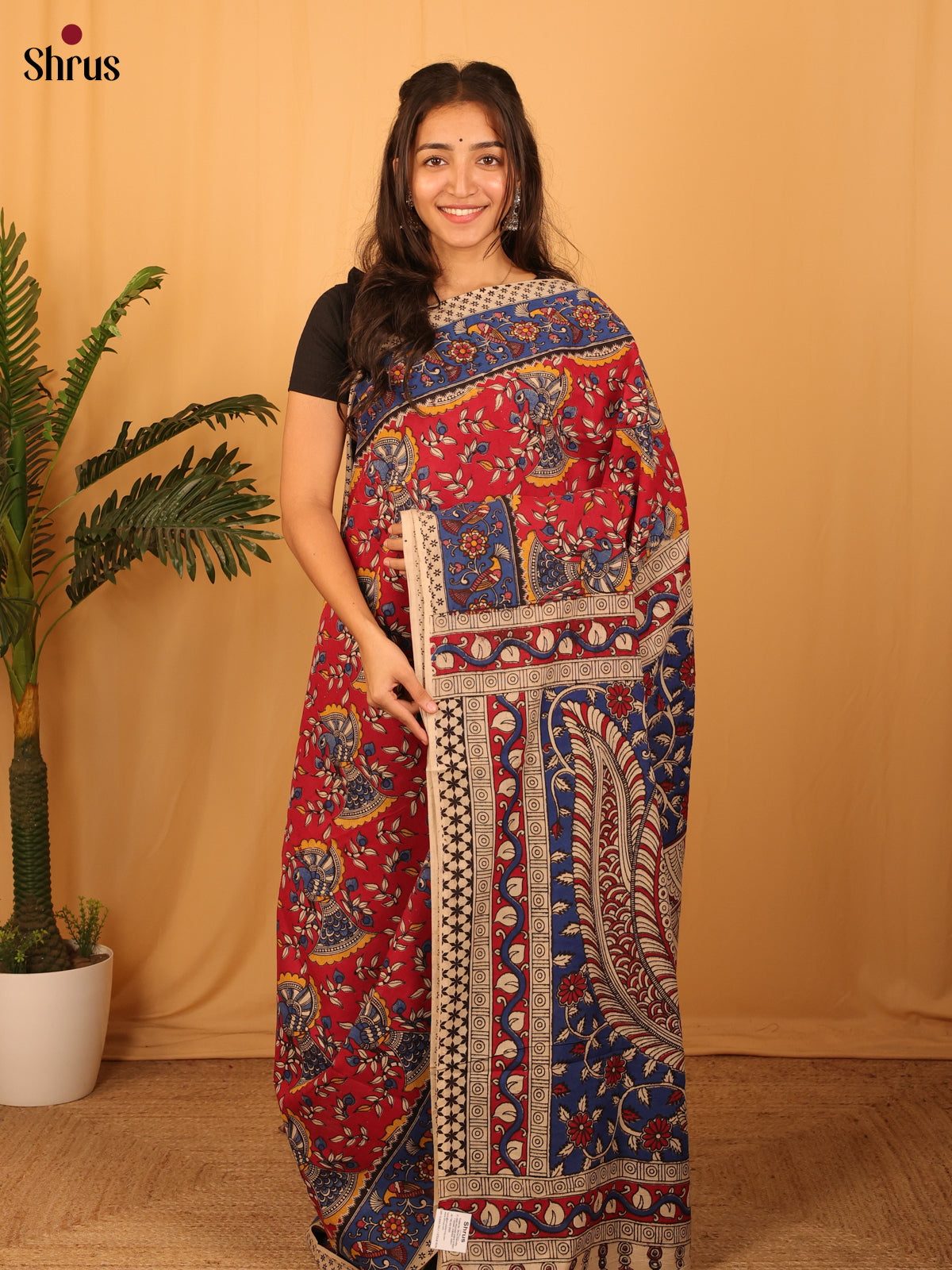 Red & Blue- kalamkari-cotton Saree - Shop on Shrus.com