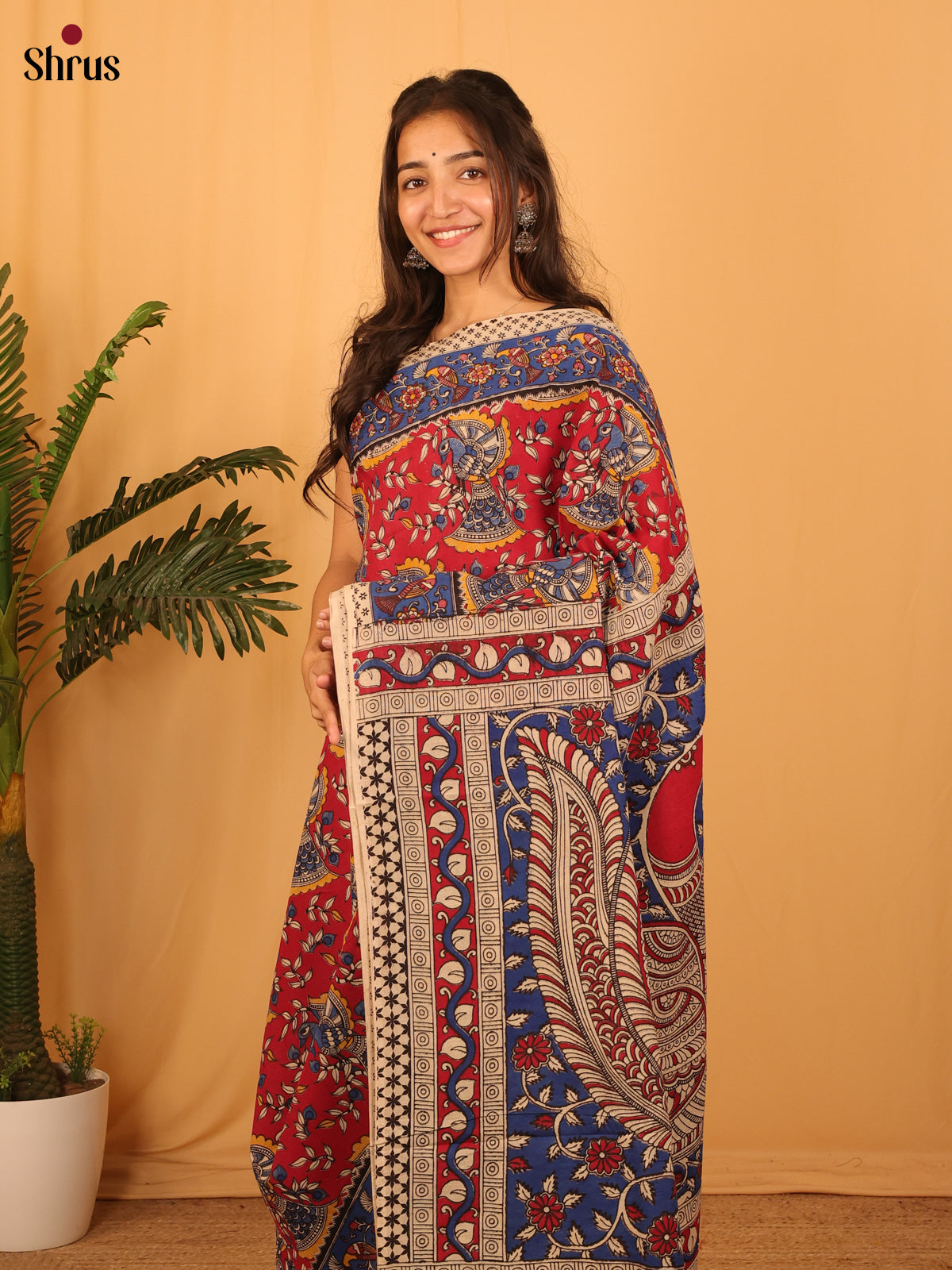 Red & Blue- kalamkari-cotton Saree - Shop on Shrus.com
